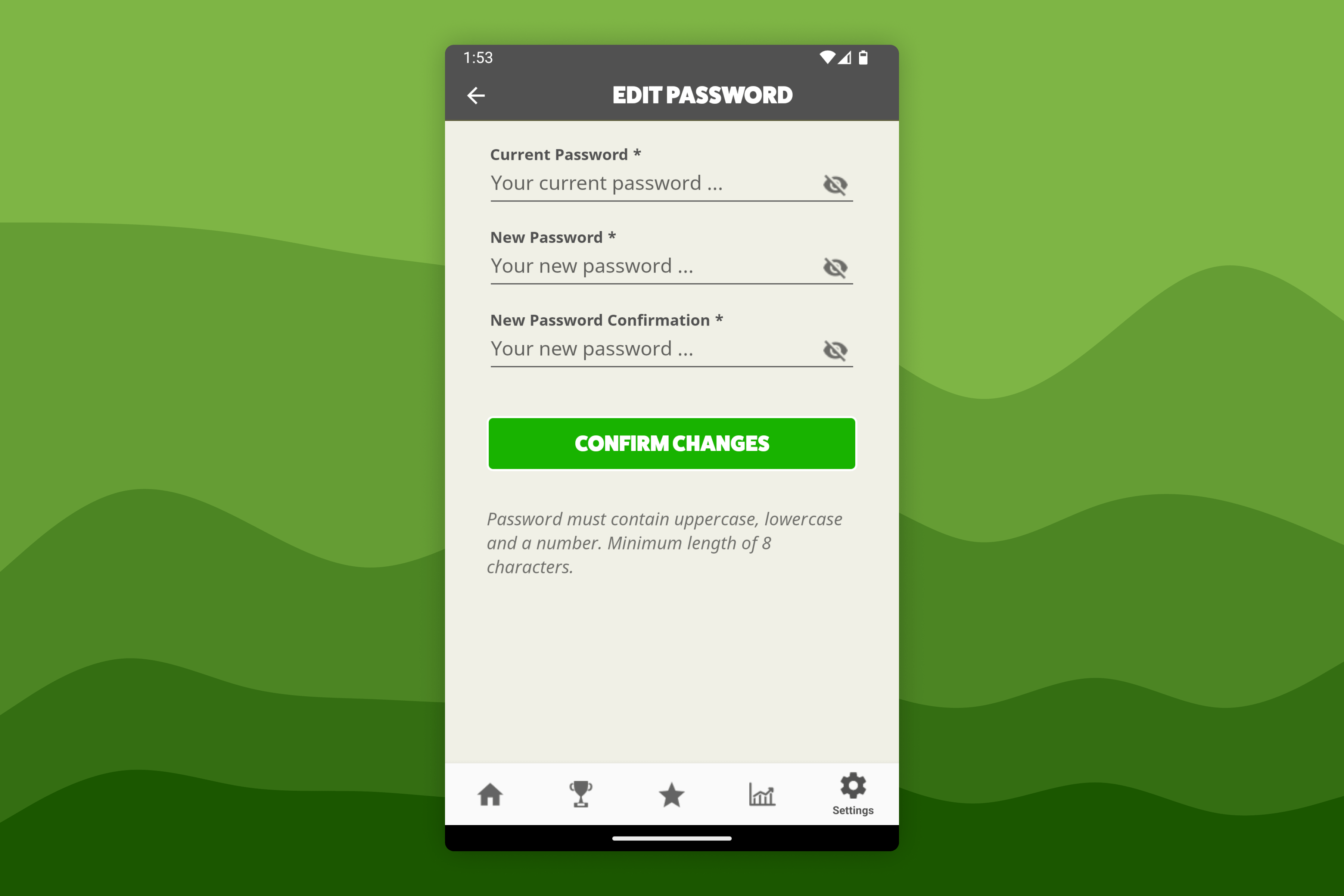 Awesome Golf Community Edit Password Settings Screen