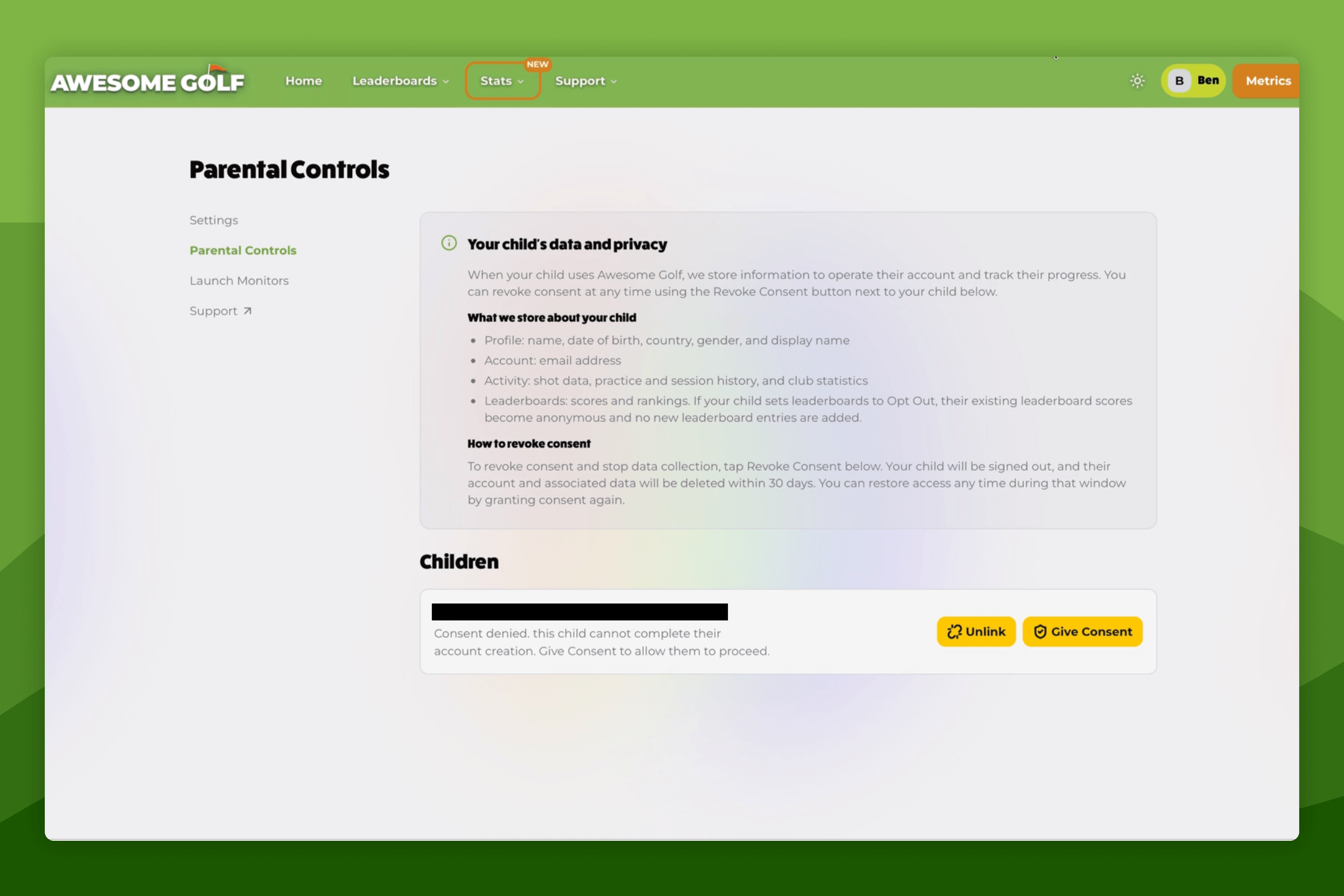 Awesome Golf Insights Parental Consent Settings with Child Account Permission Denied