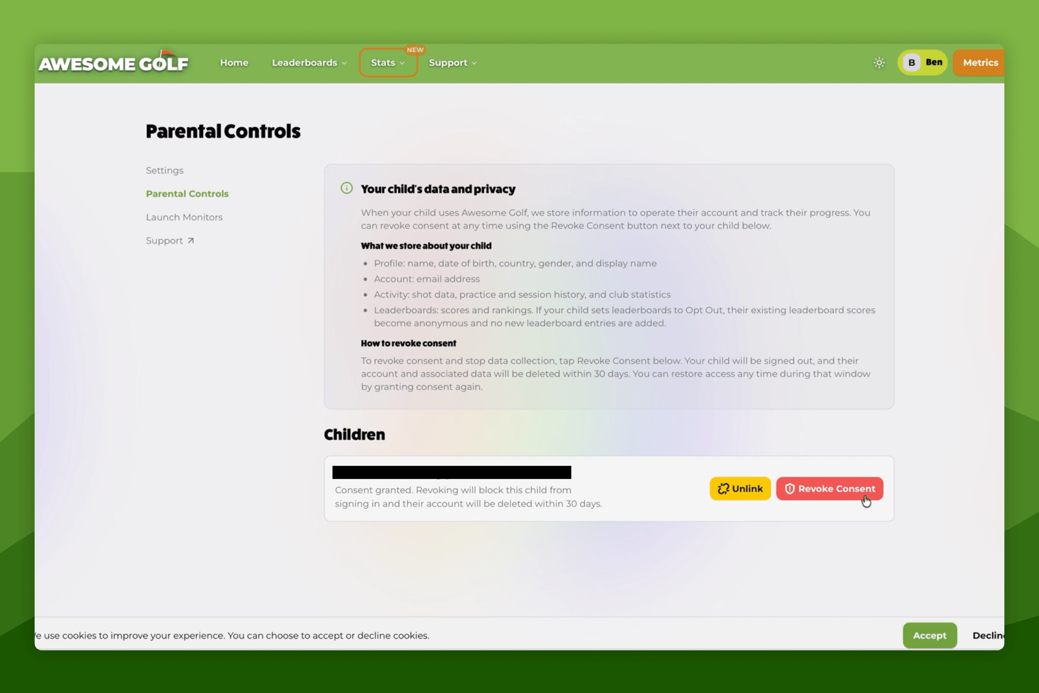 Awesome Golf Insights Parental Consent Settings with Child Account Permission Granted