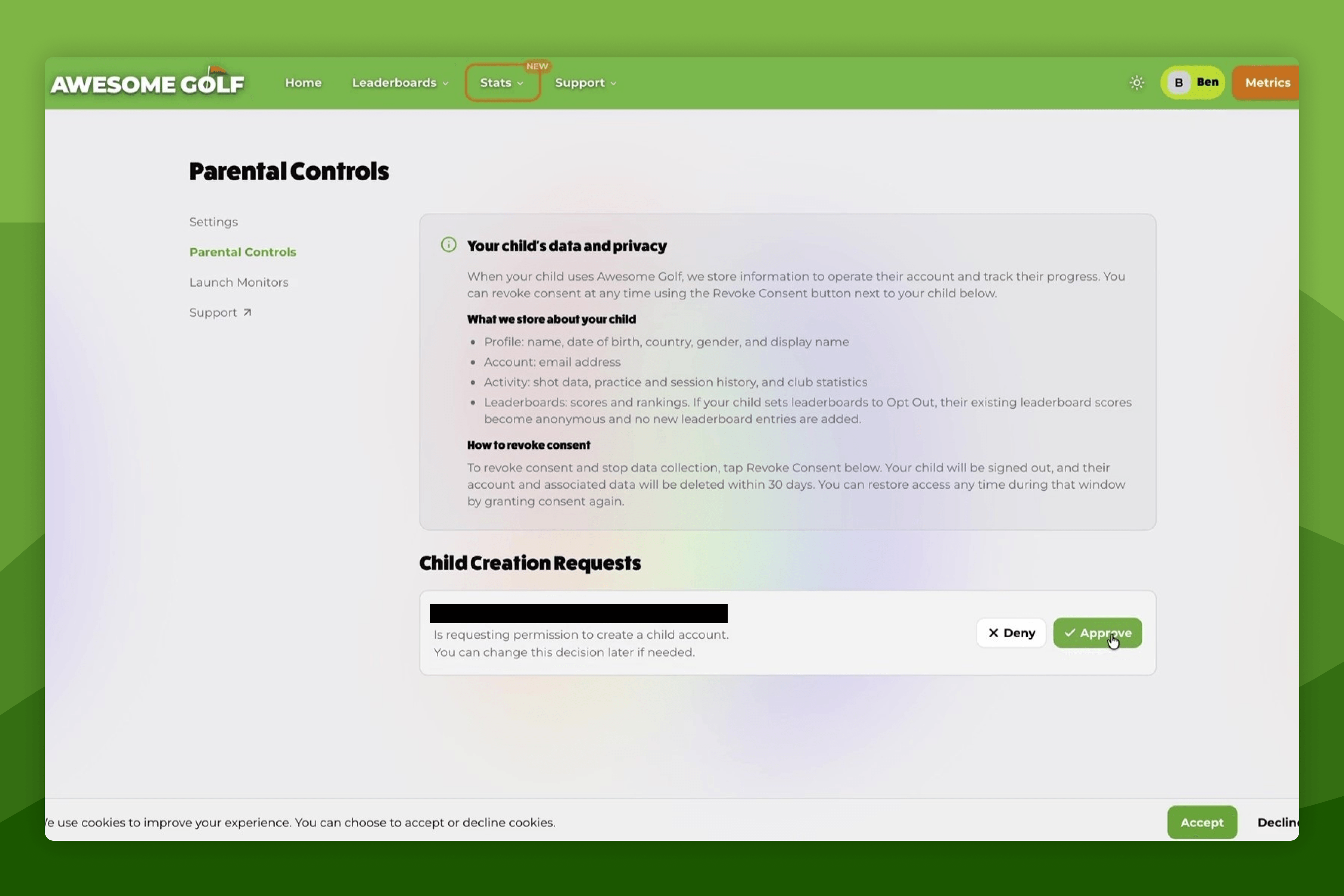 Awesome Golf Insights Parental Consent Settings with Pending Child Account Creation Request