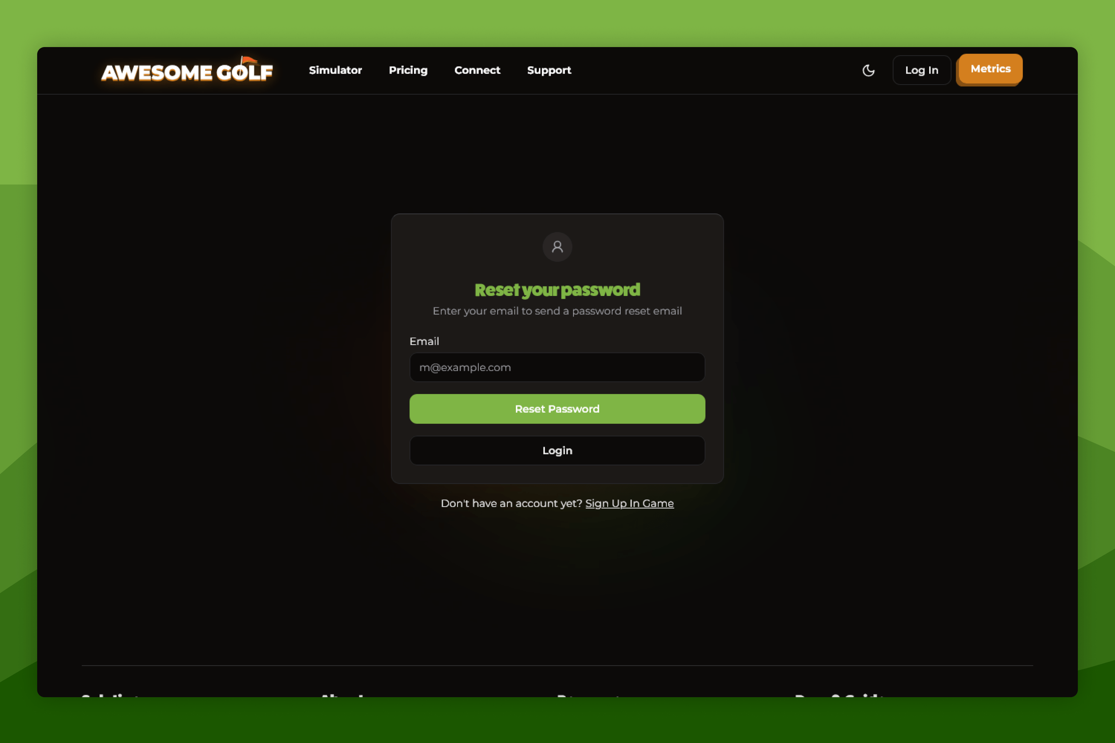 Awesome Golf Insights Reset Password Screen