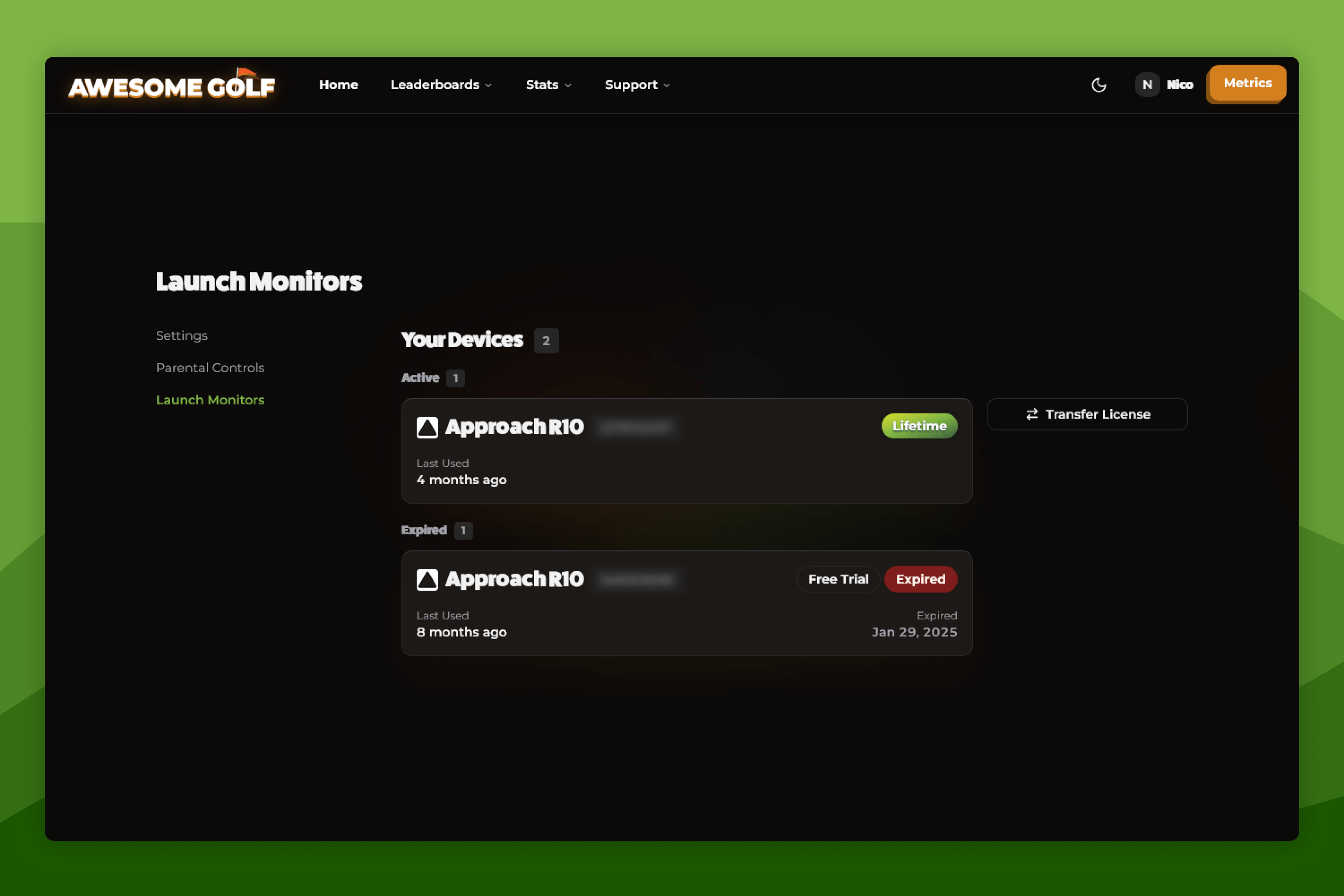 Awesome Golf Insights Launch Monitor Management Settings Page