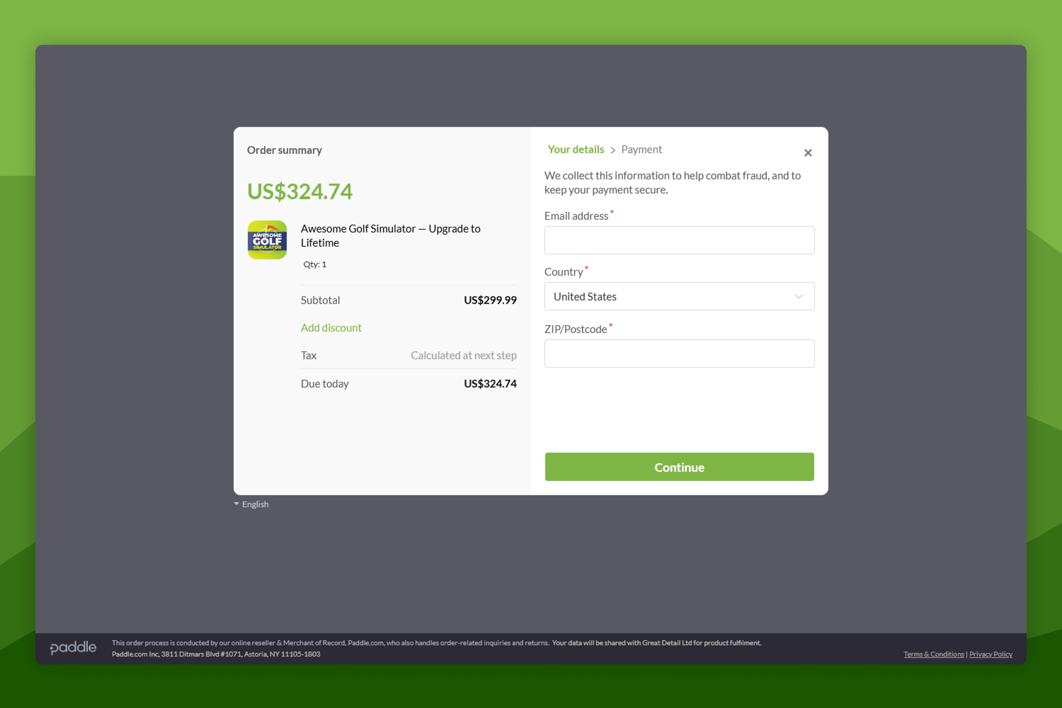 Awesome Golf Simulator Lifetime License Upgrade Checkout Page