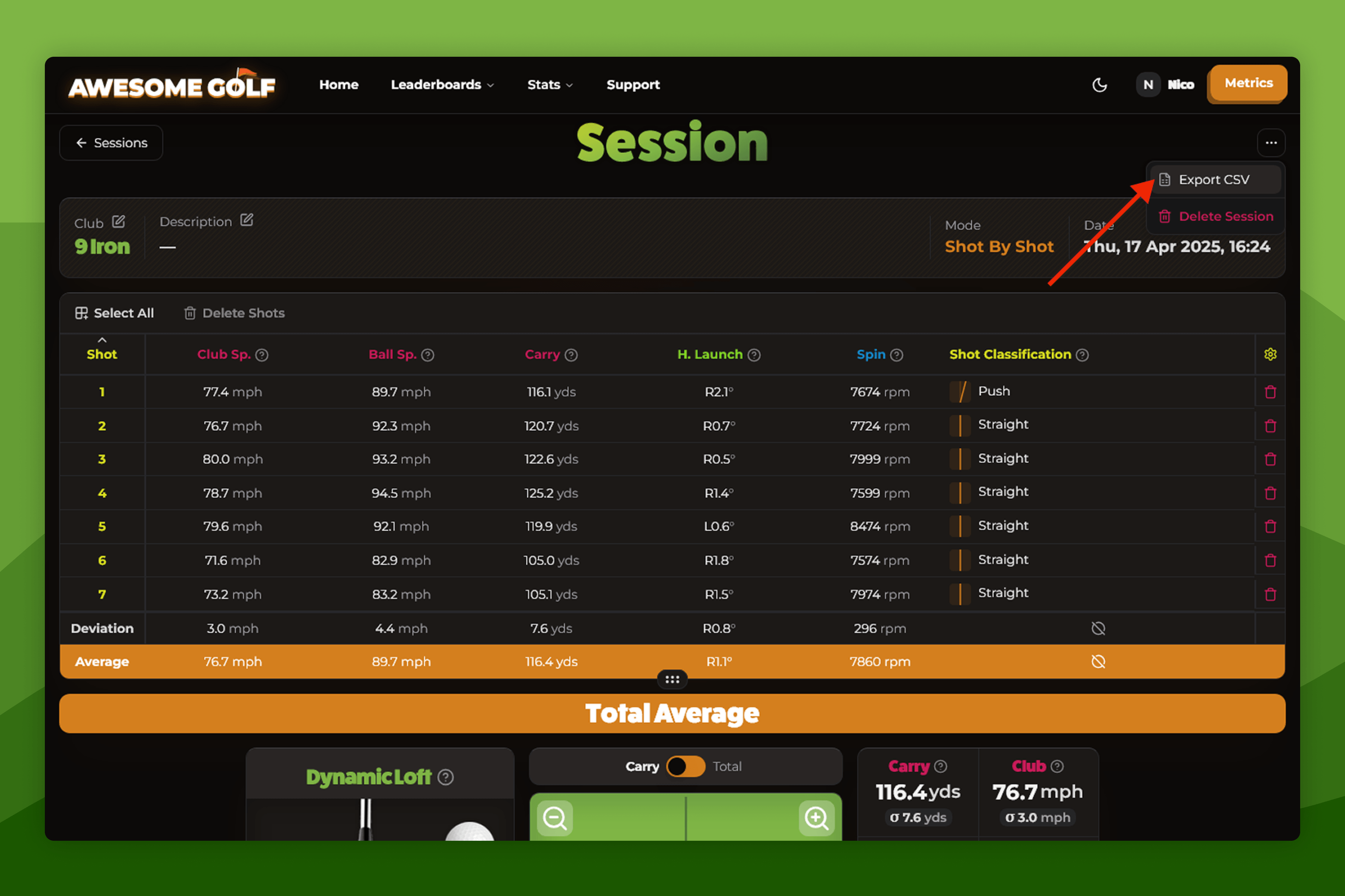 Awesome Golf Insights Session Screen with Export CSV Dropdown