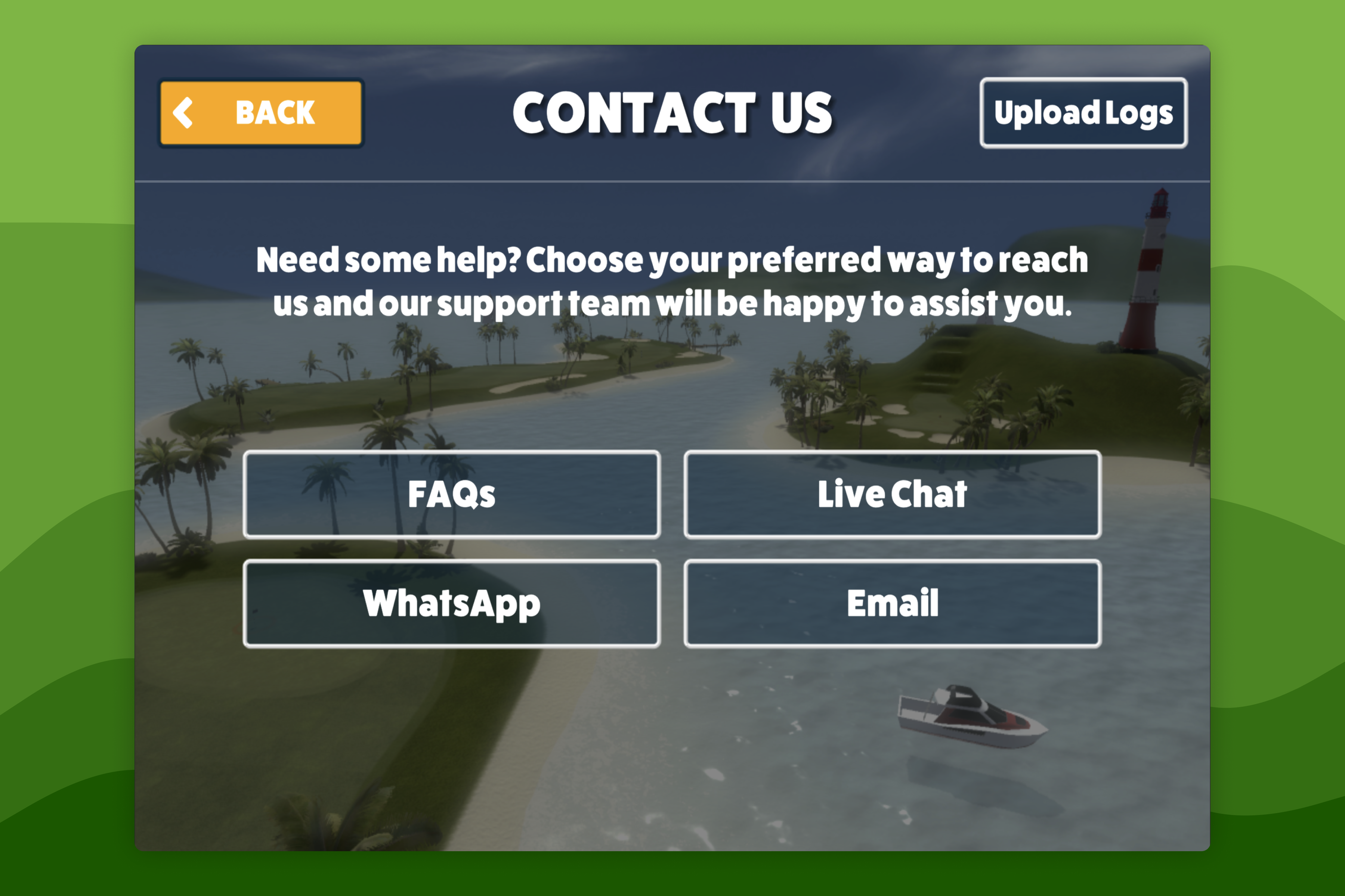 Awesome Golf Simulator Contact Us Page with Log Upload Button