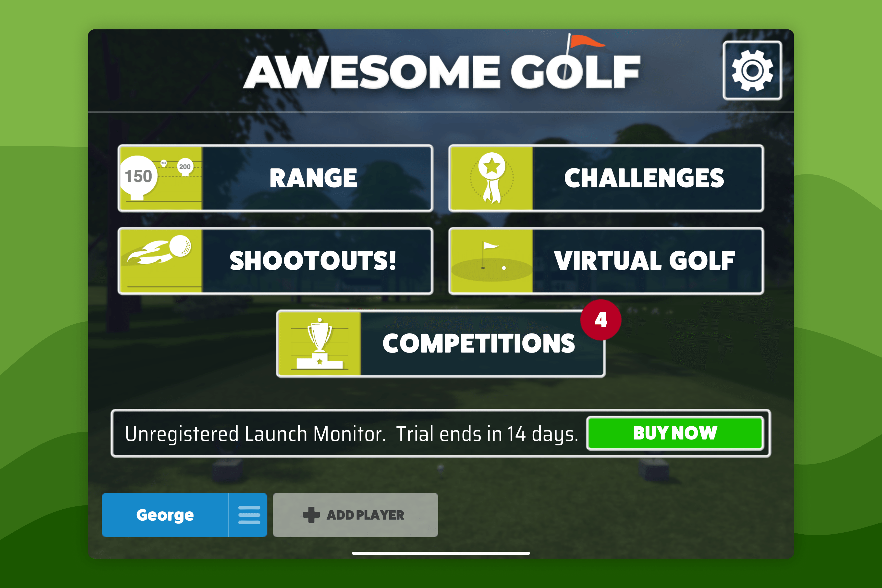 Awesome Golf Simulator Home Screen with "BUY NOW" button