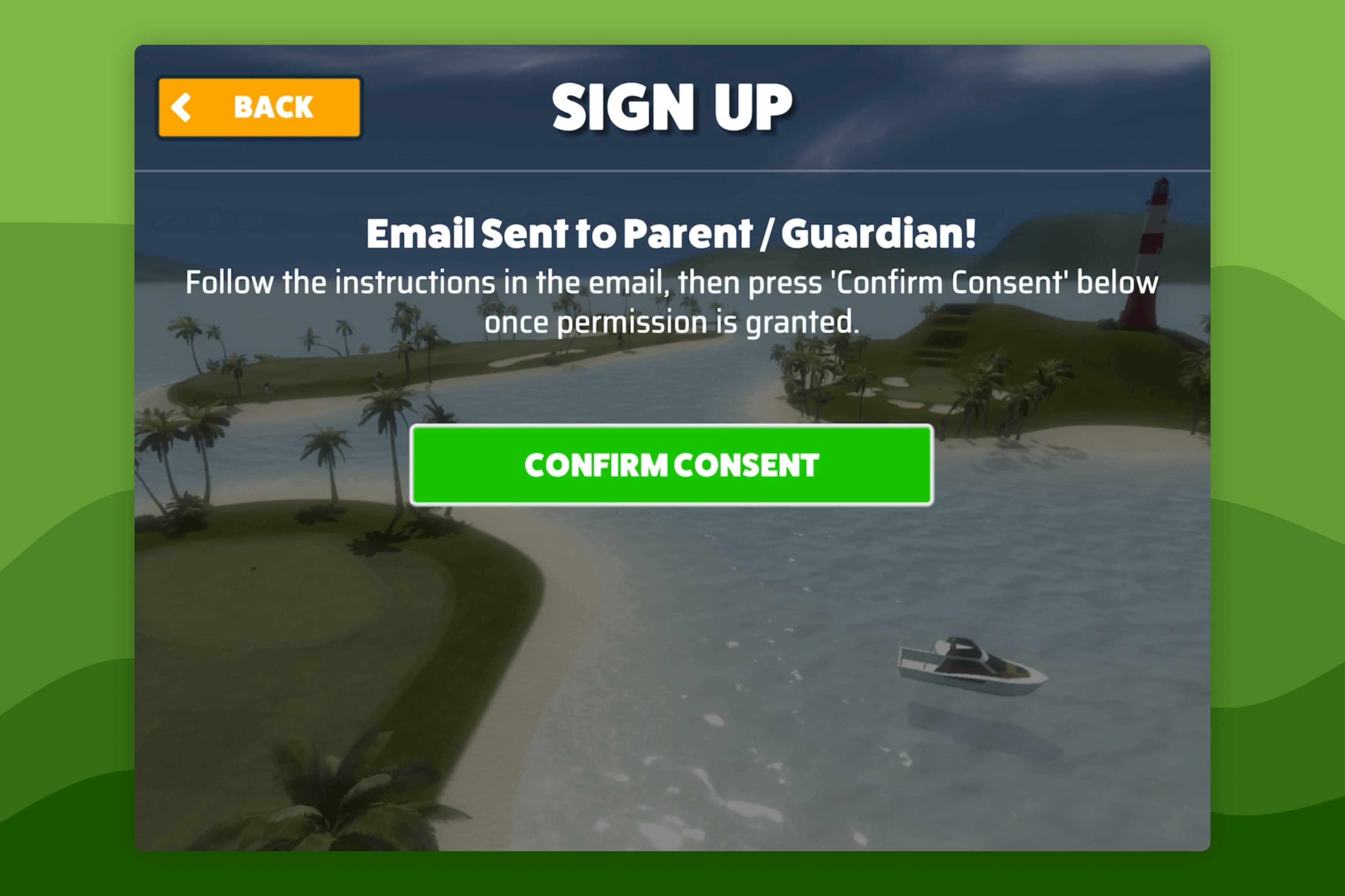 Awesome Golf Simulator Account Registration Parental Consent Confirmation Screen