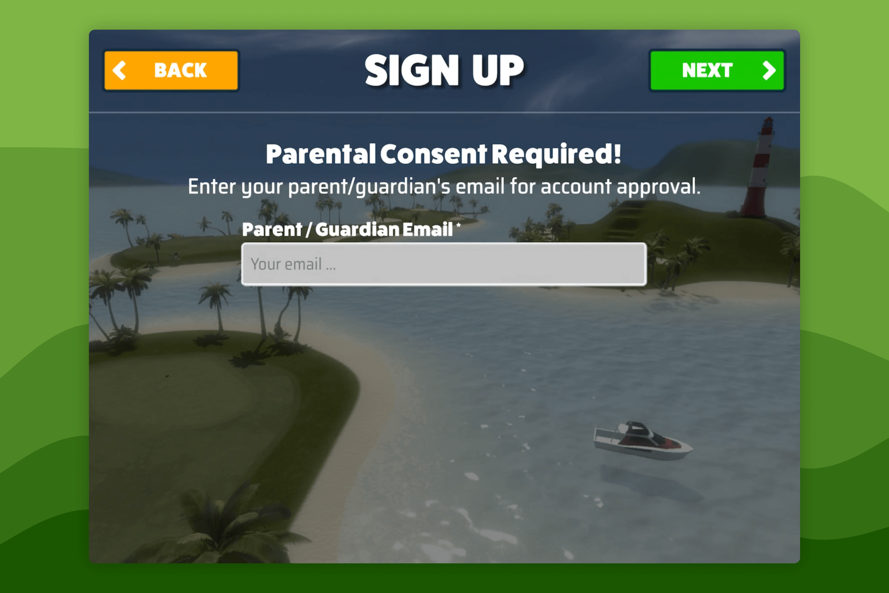 Awesome Golf Simulator Account Registration Parental Consent Required Screen