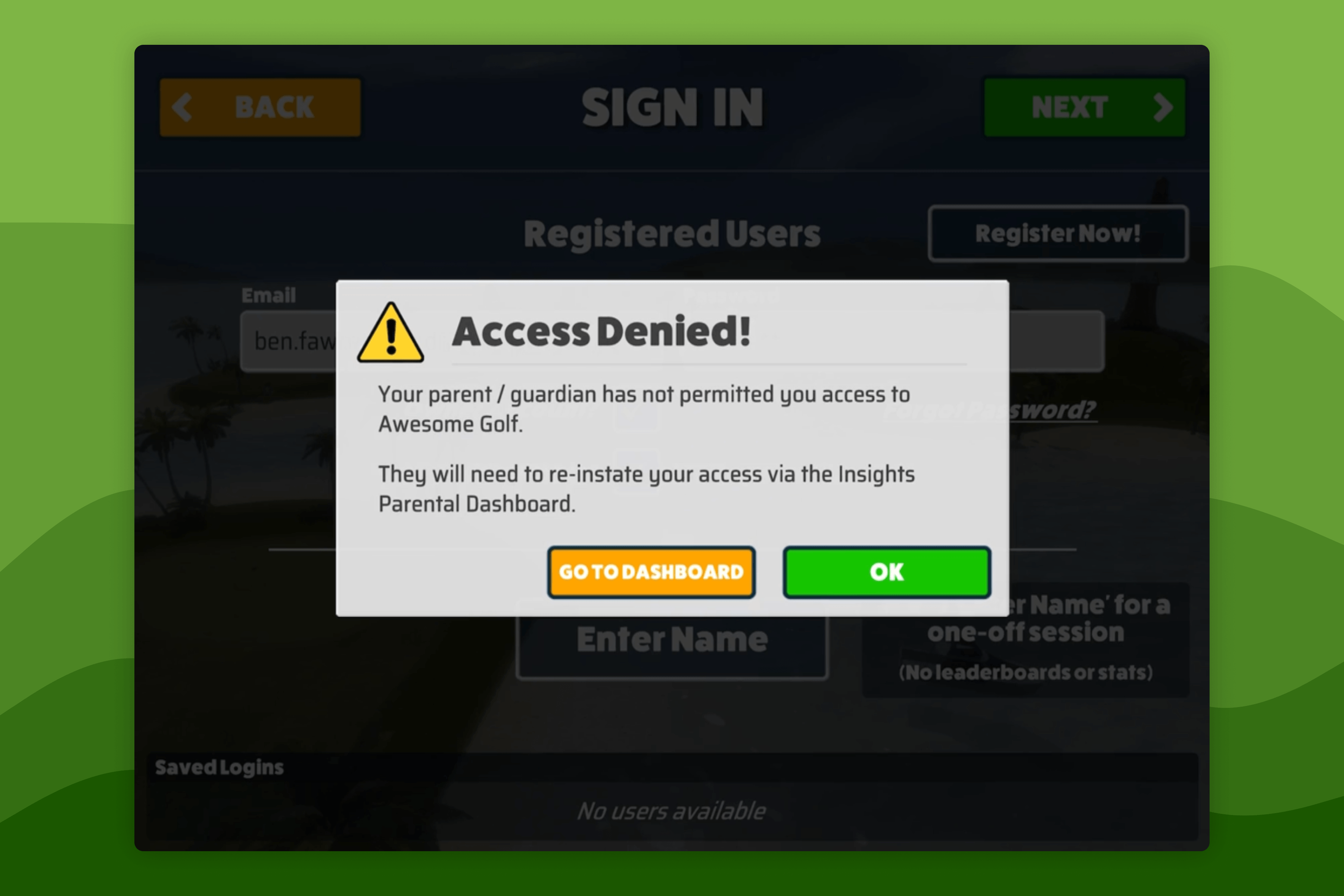 Awesome Golf Simulator Sign-In with Parental Consent Denied Message