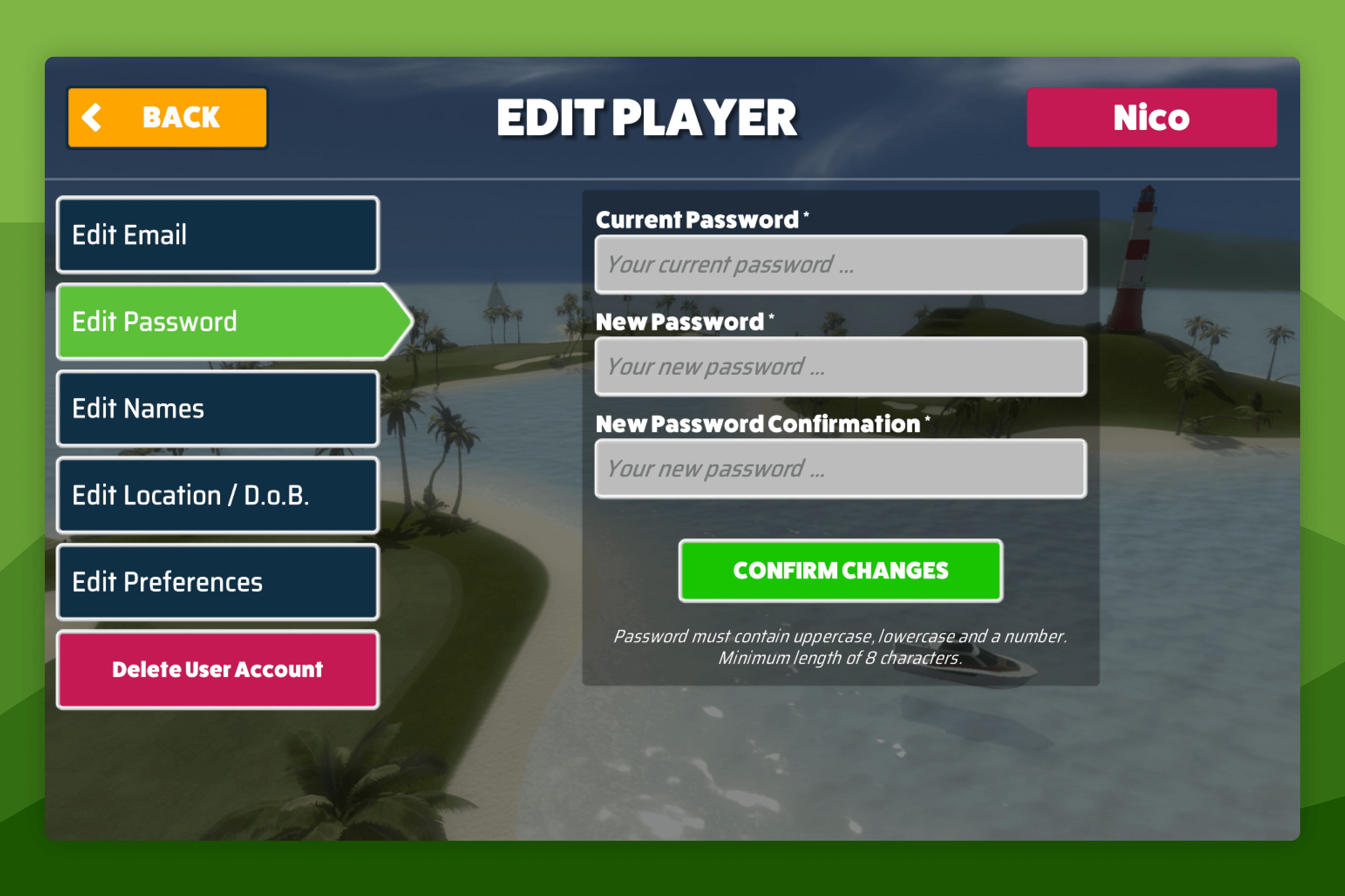 Awesome Golf Simulator Edit Player Password Screen