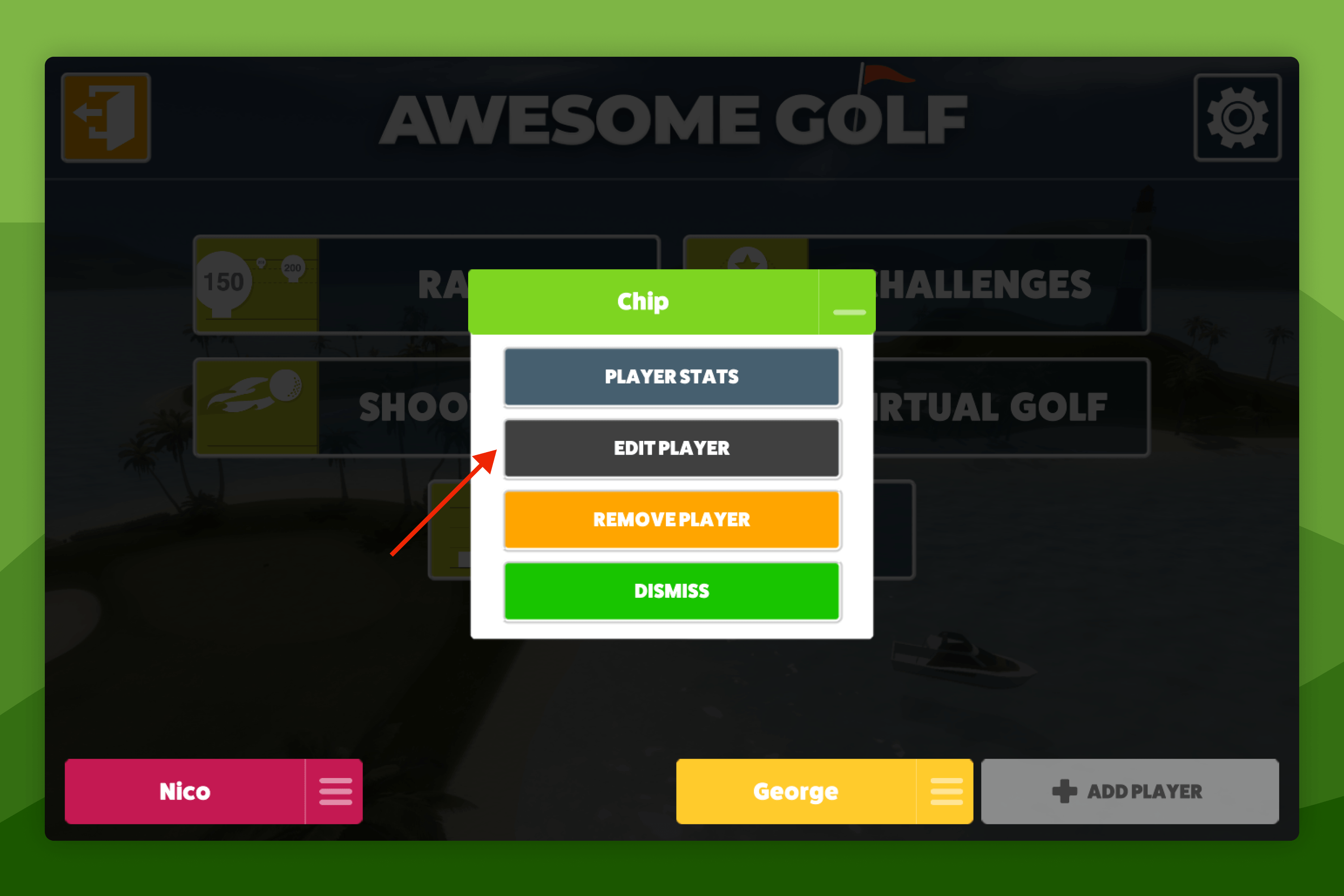 Awesome Golf Simulator Registered Player Options Screen