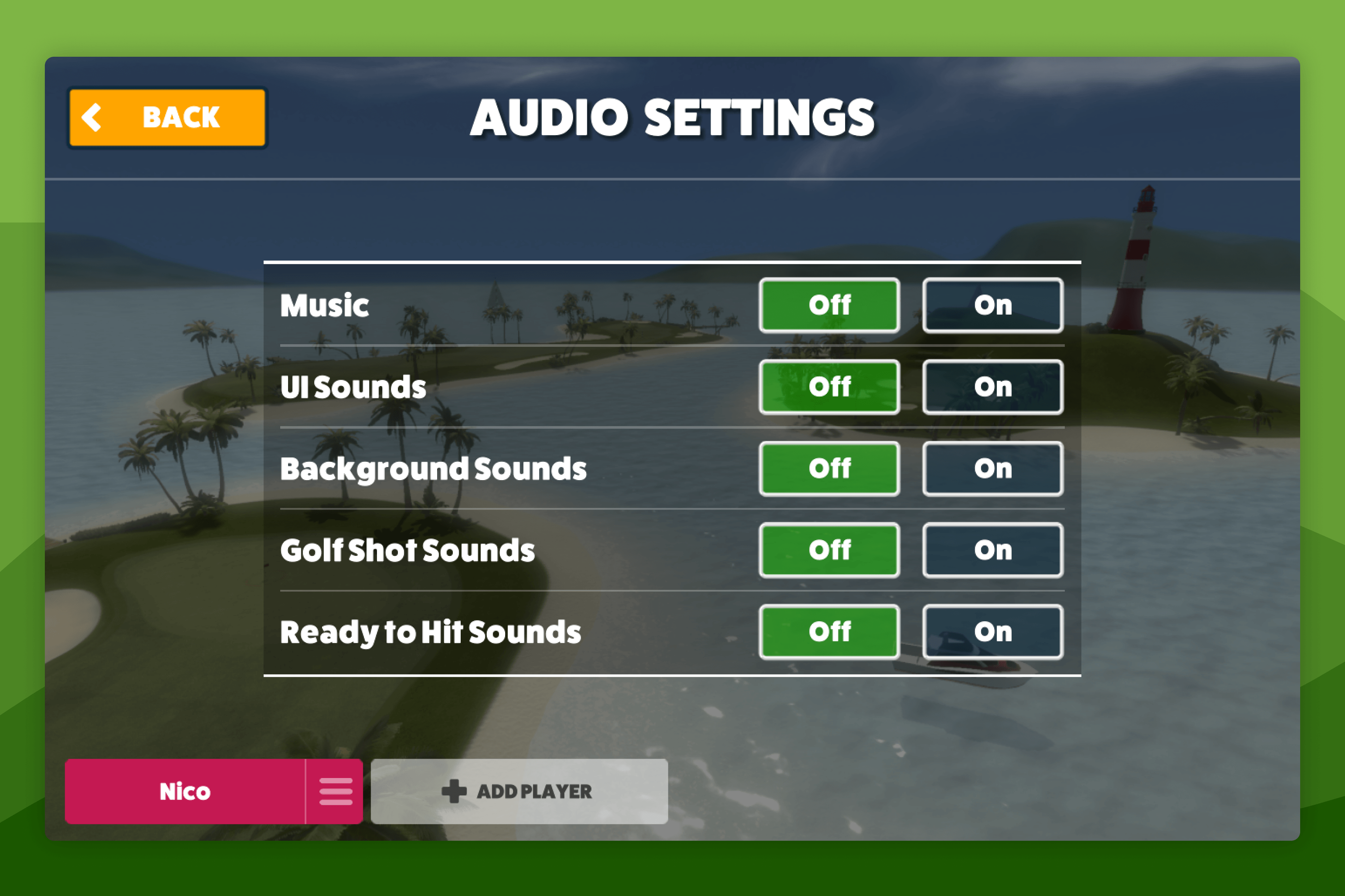 Awesome Golf Simulator System Audio Settings Screen