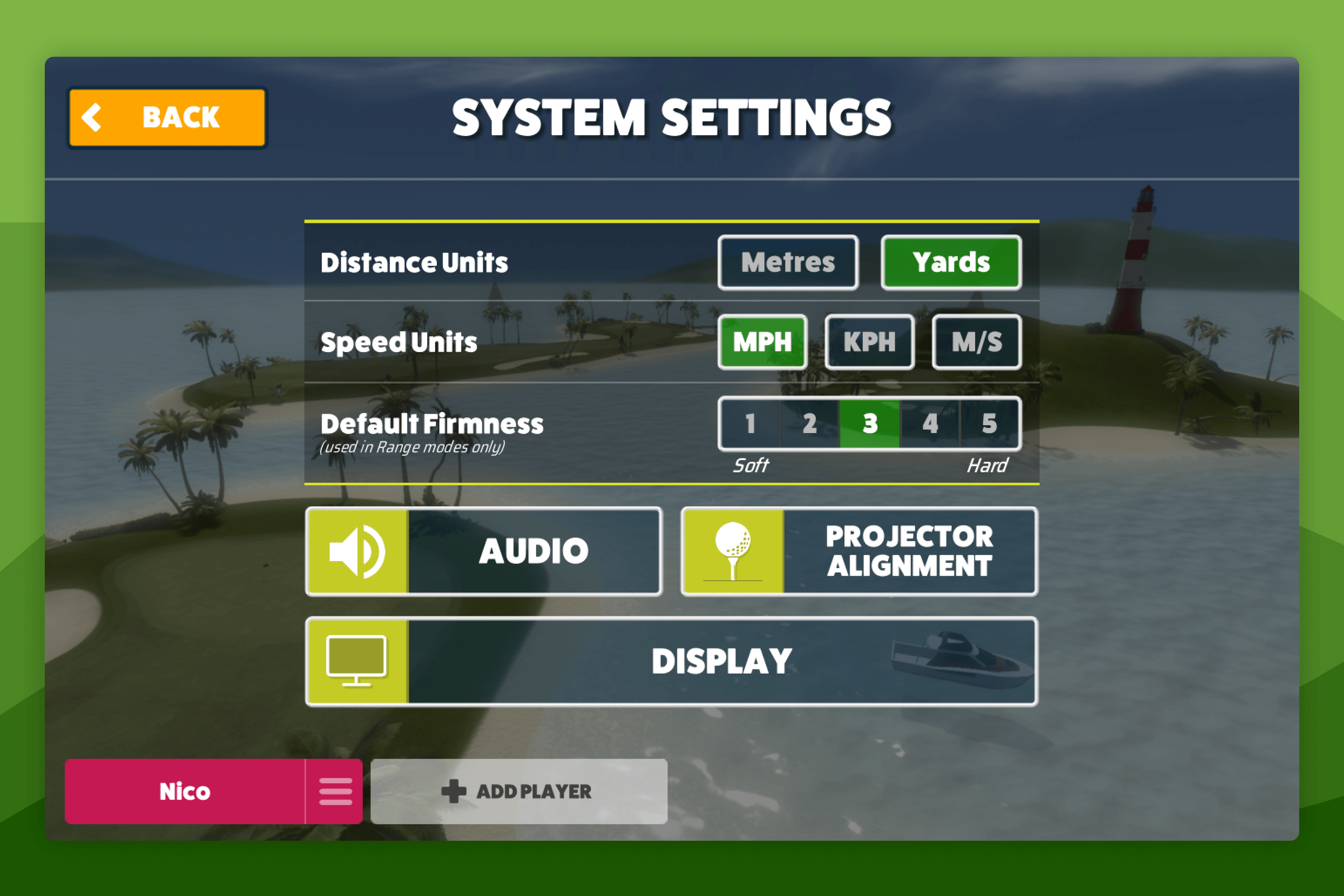Awesome Golf Simulator System Settings Screen