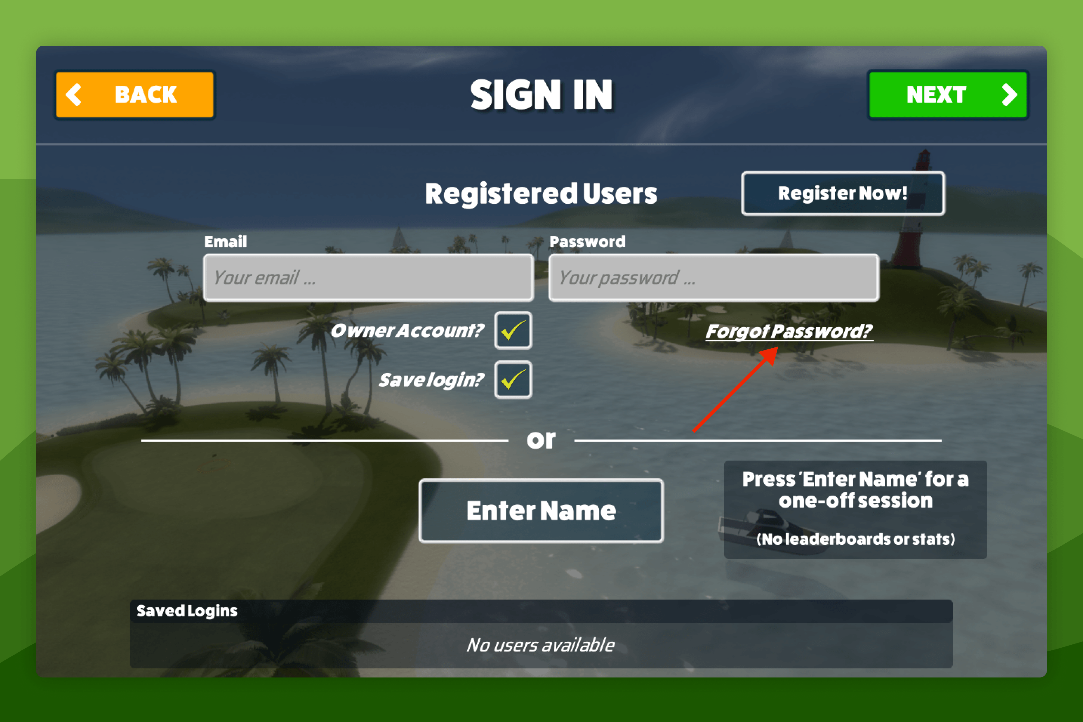 Awesome Golf Simulator Sign-In Screen with Forgot Password highlighted