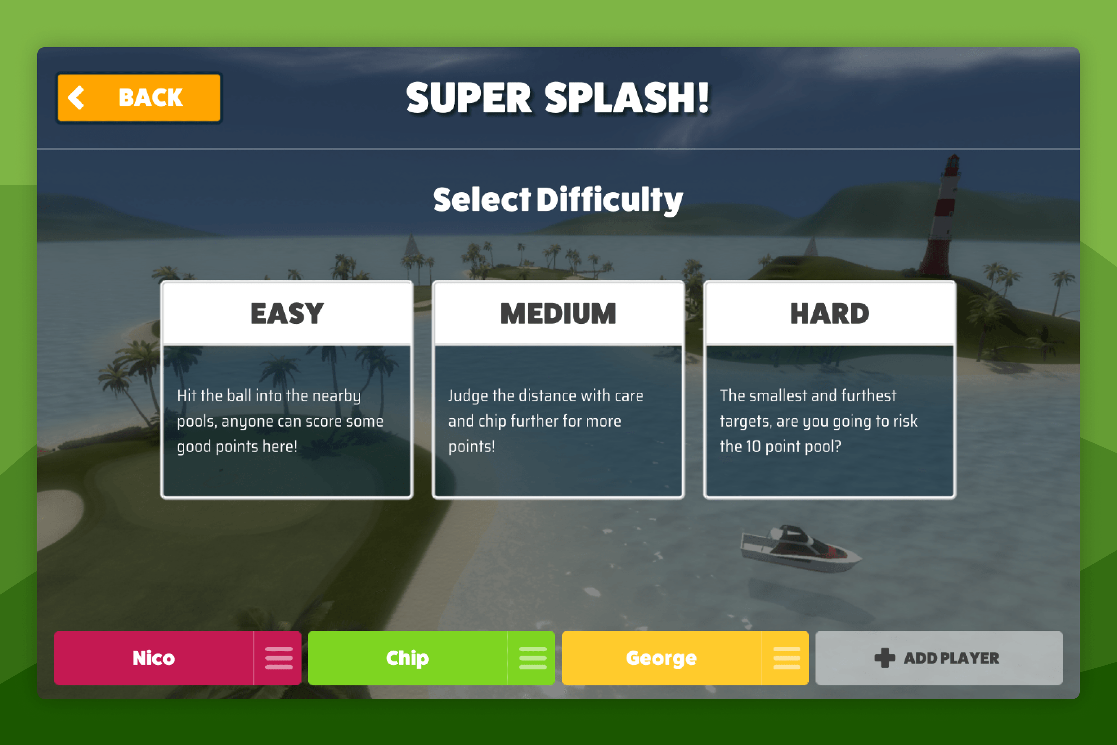 Awesome Golf Simulator Super Splash Difficulty Selection Screen