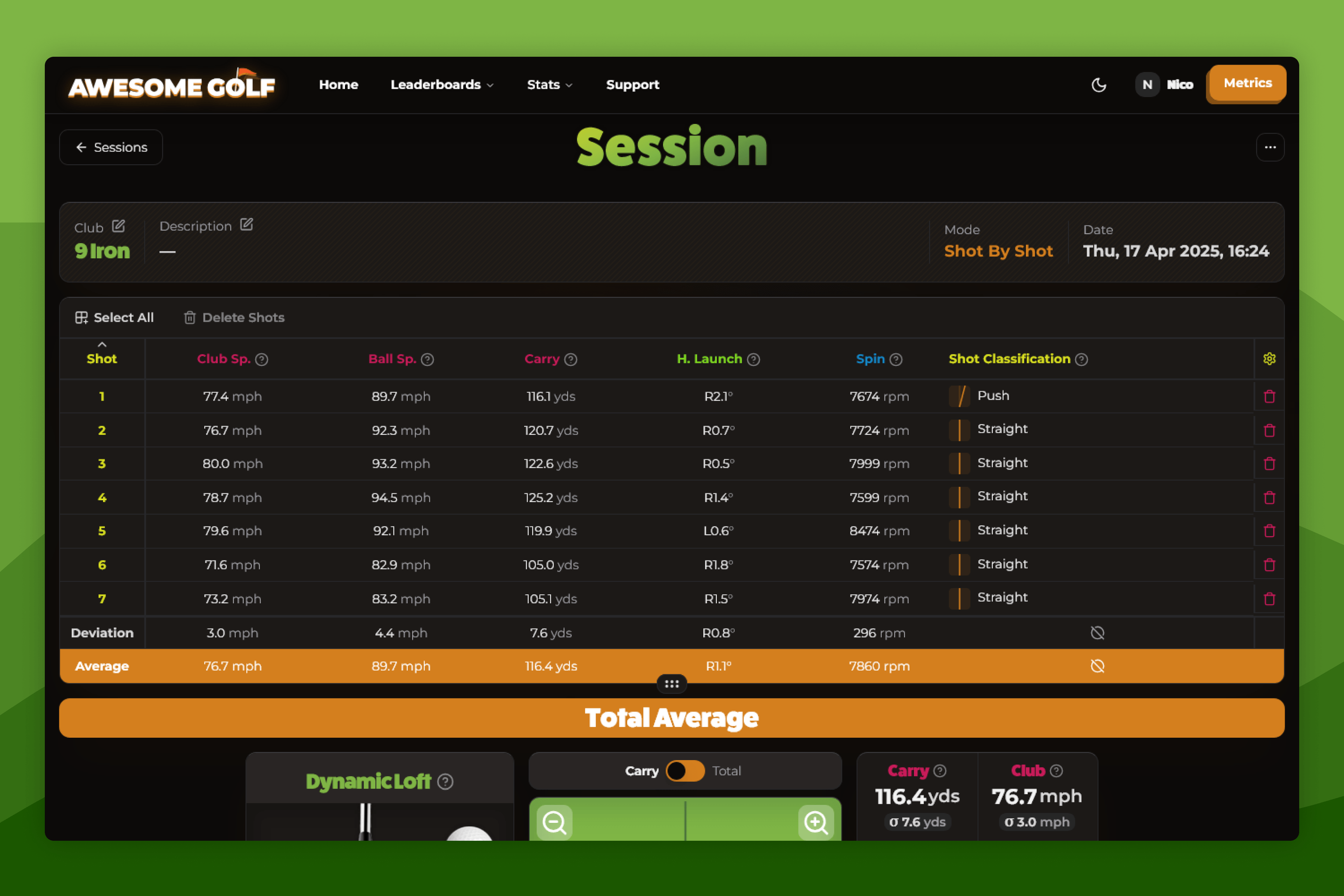 Awesome Golf Insights Example Session Shots Table