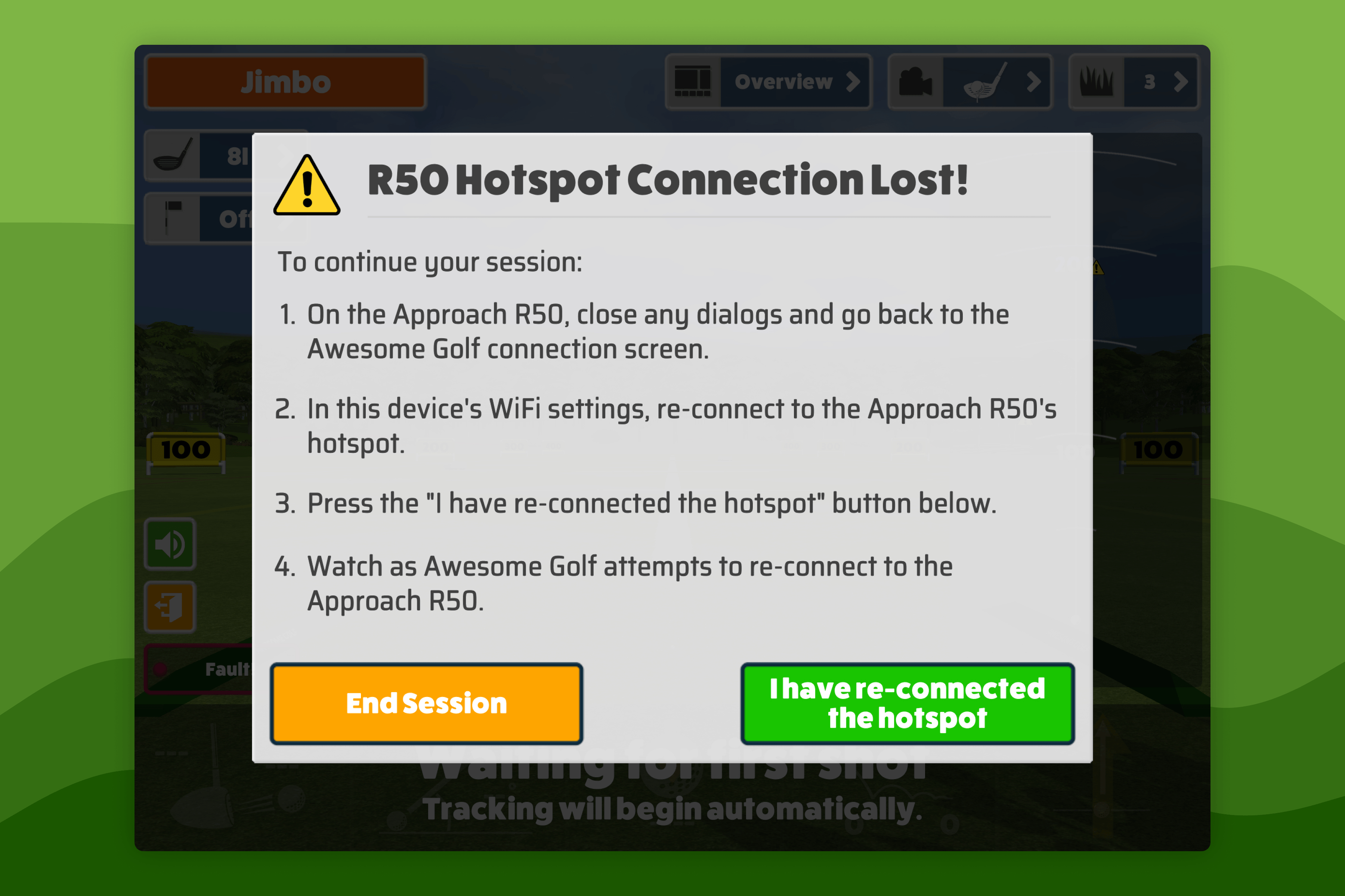 Awesome Golf Simulator R50 Disconnected Troubleshooting Dialog