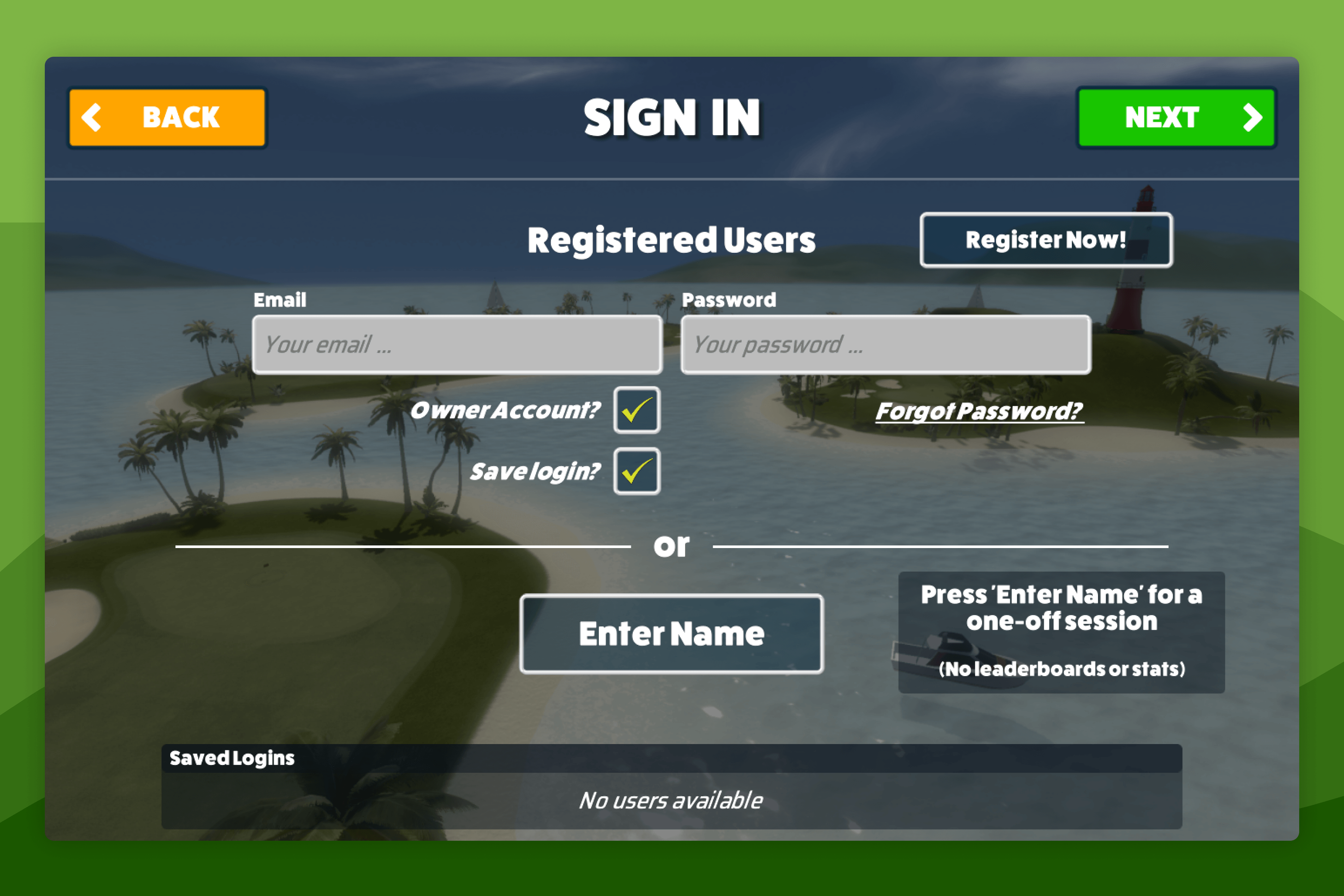 Awesome Golf Simulator Sign-In Screen