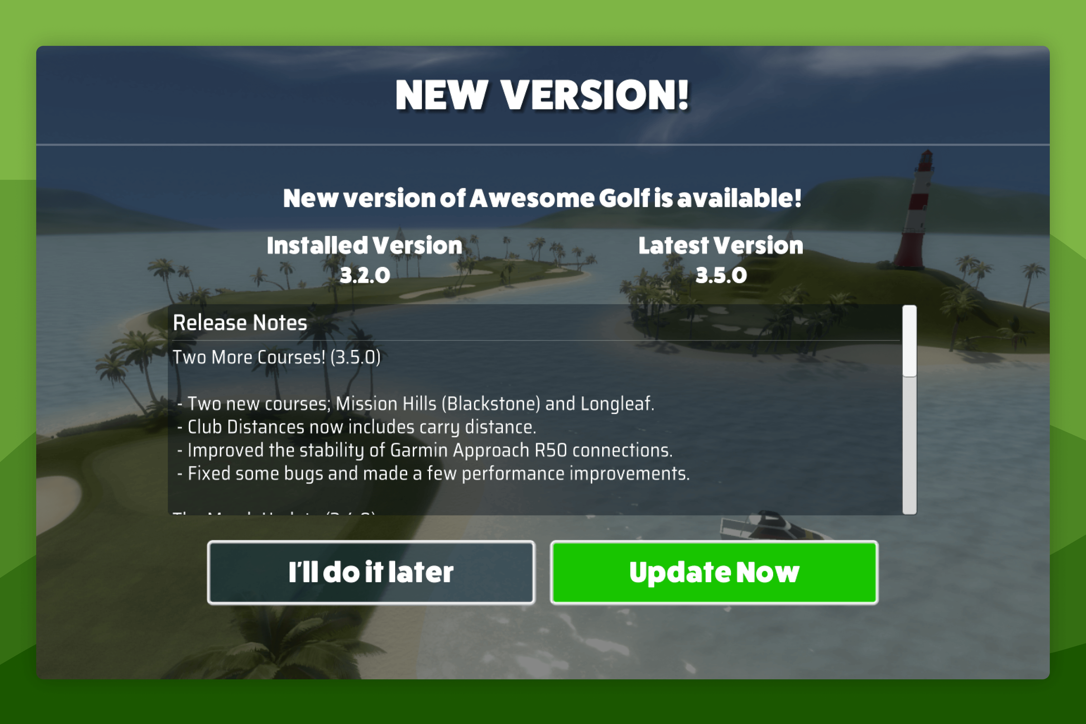 Awesome Golf Simulator New Update Dialog