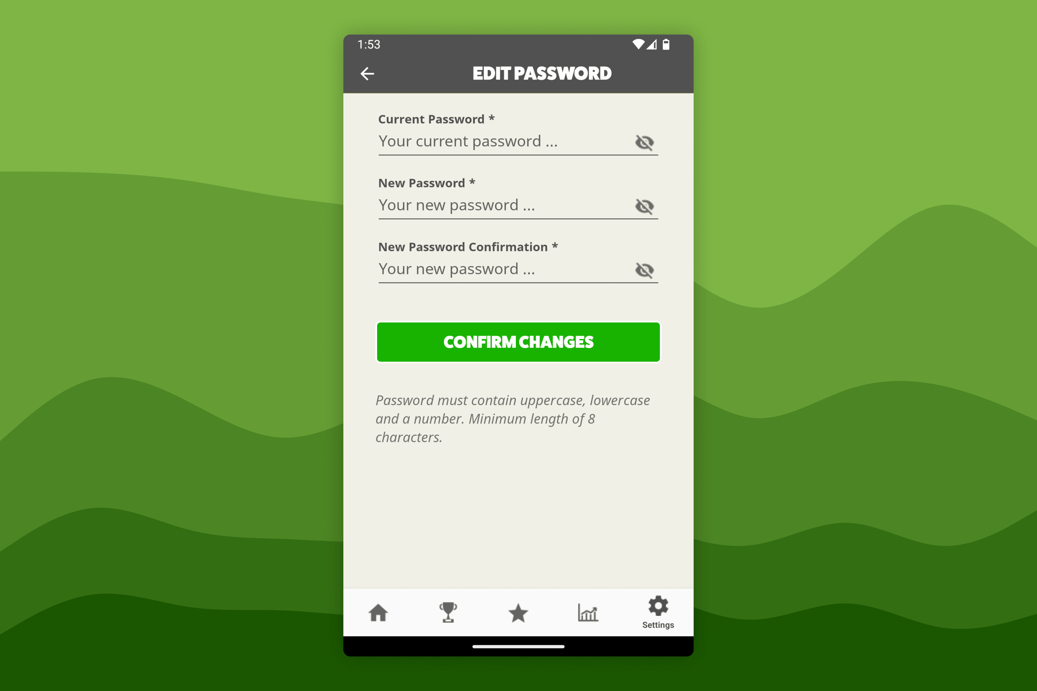 Awesome Golf Community Edit Password Settings Screen