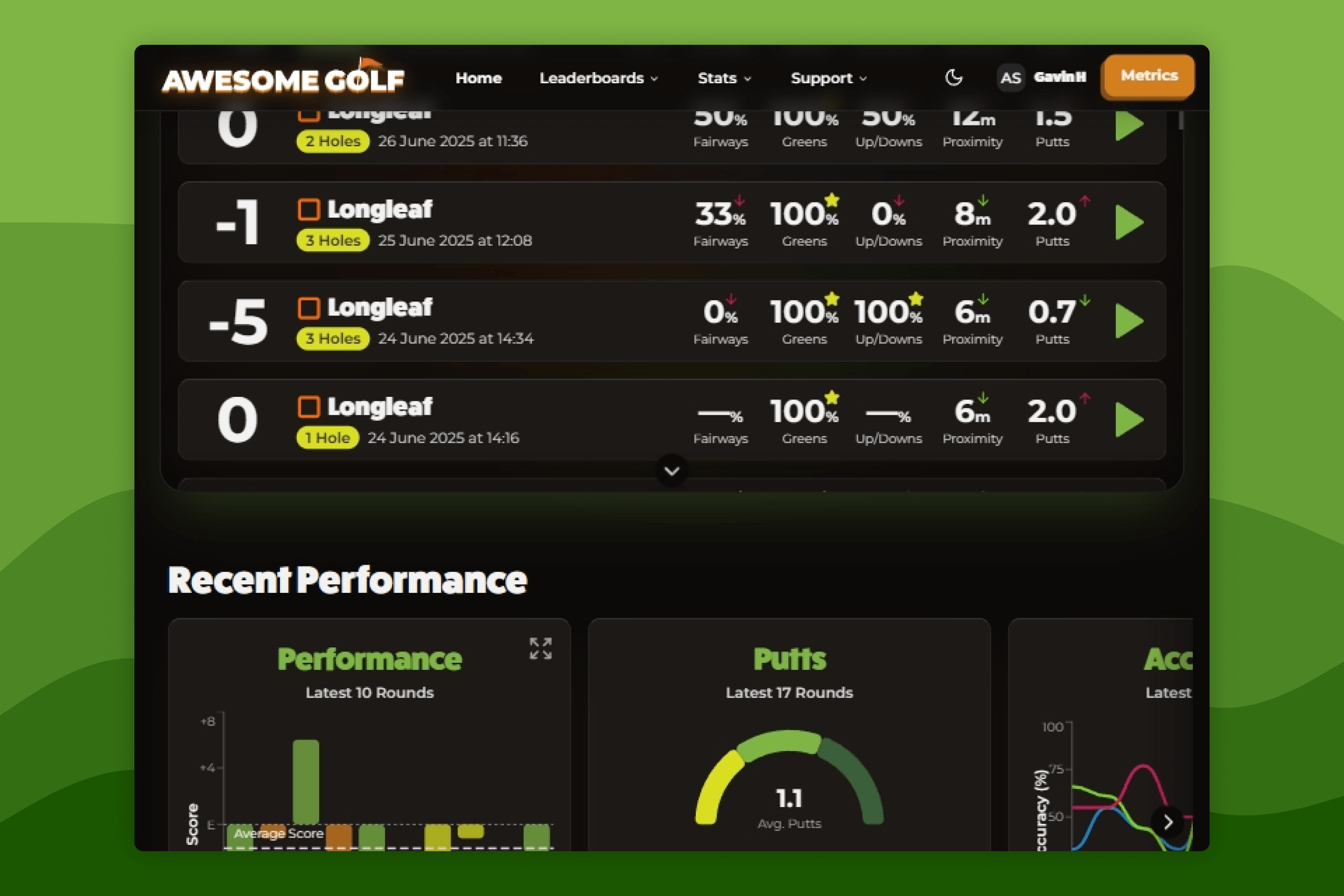 Awesome Golf Insights Recent Rounds List