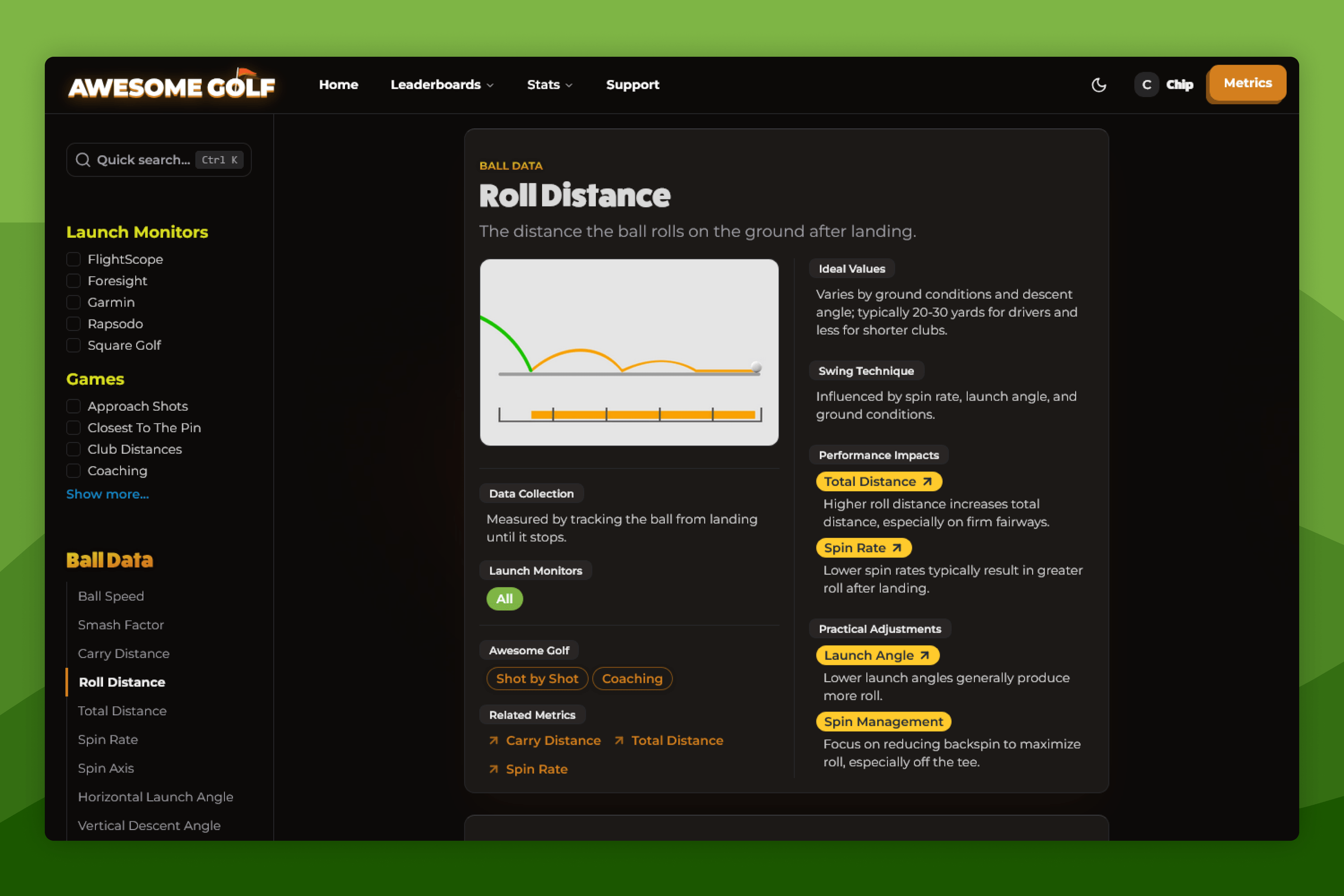 Awesome Golf Metrics showing Roll Distance Ball Data
