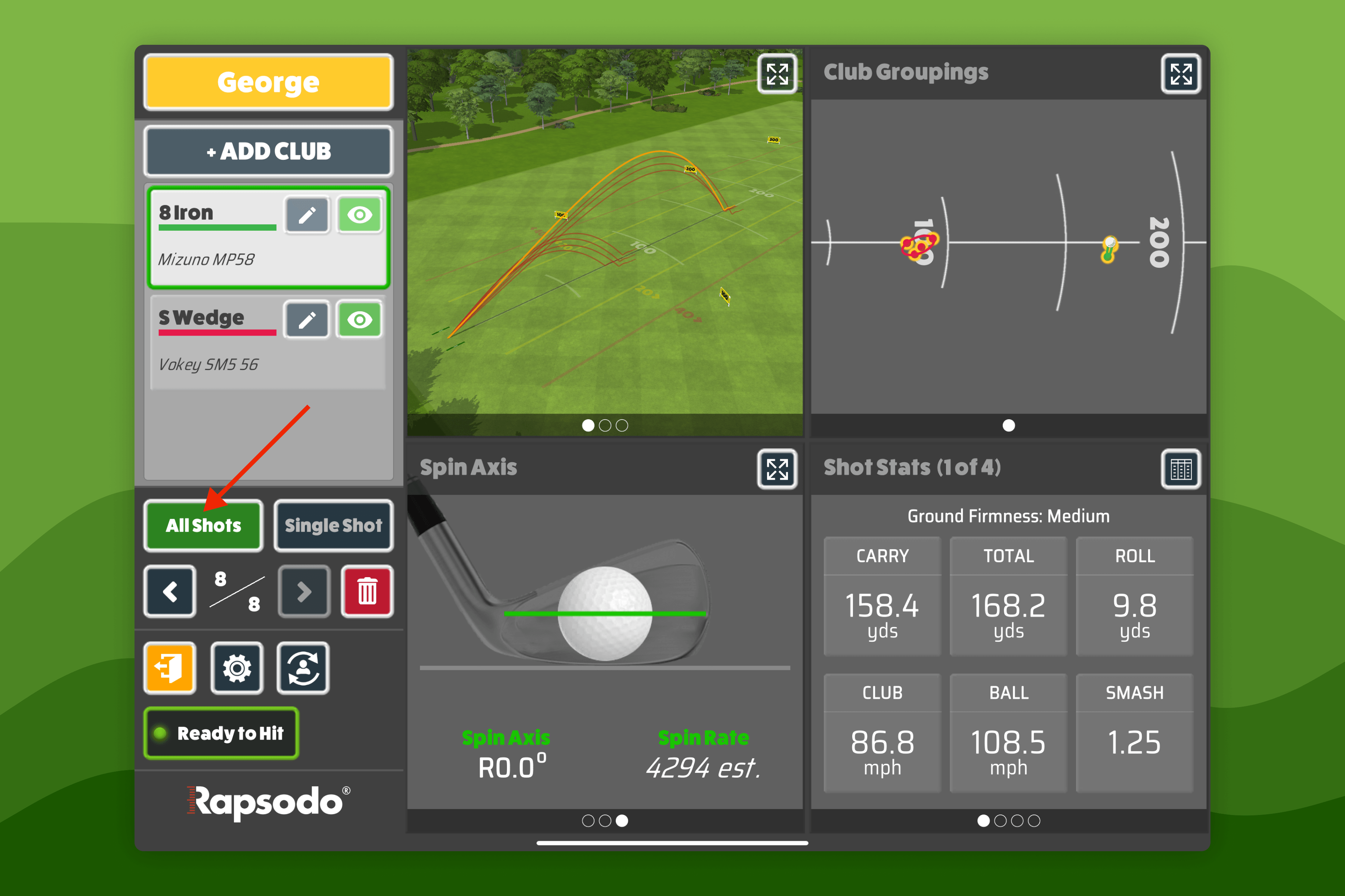 Awesome Golf Simulator Coaching with All Shots / Single Shot buttons highlighted