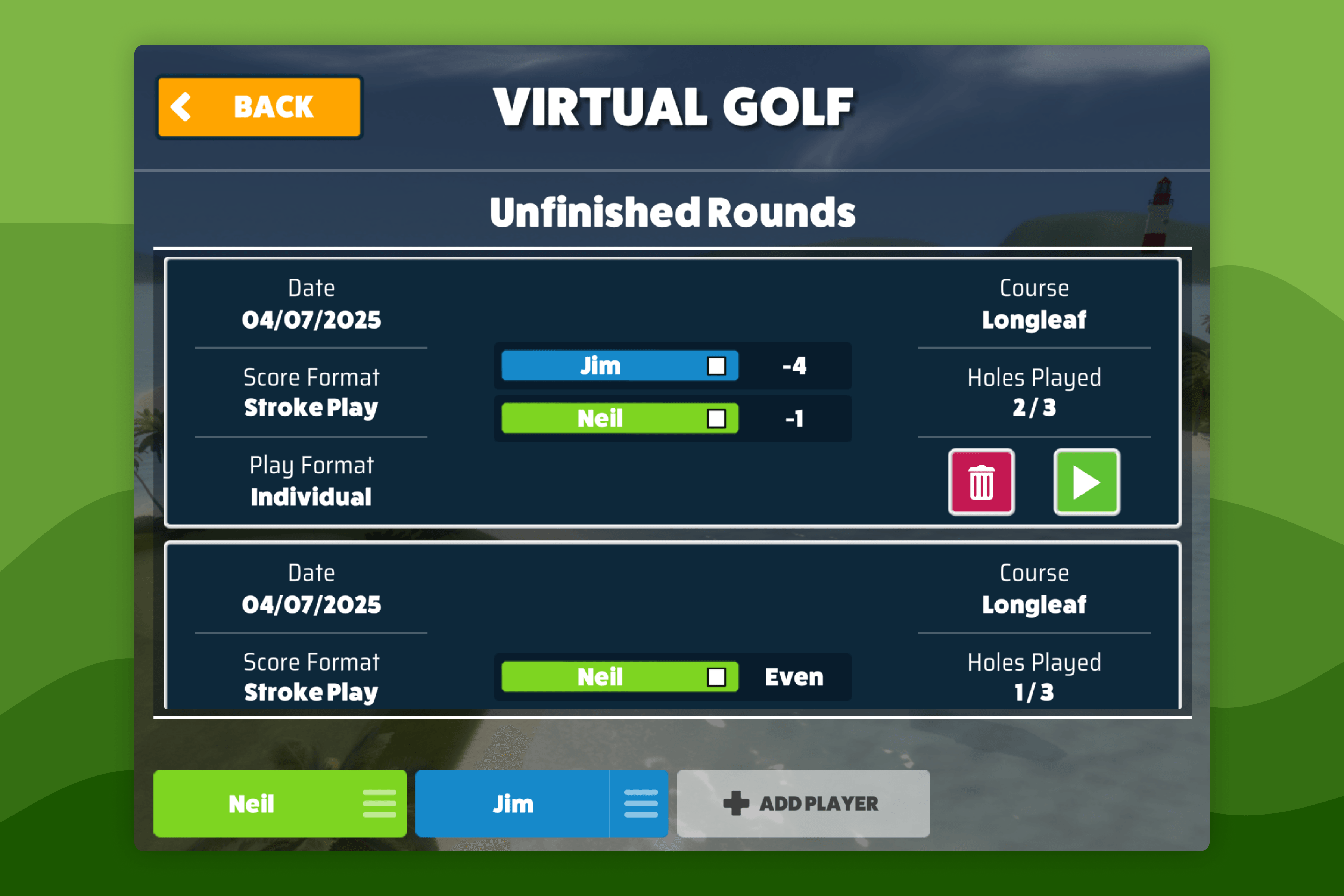 Awesome Golf Simulator Virtual Golf Unfinished Rounds Menu