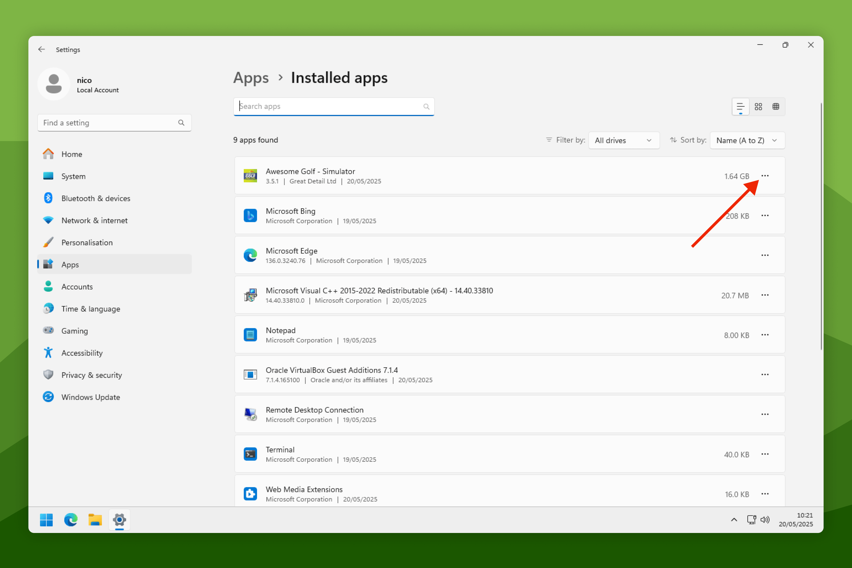 Windows 11 Installed Apps' Settings with Awesome Golf Simulator "..." More button highlighted