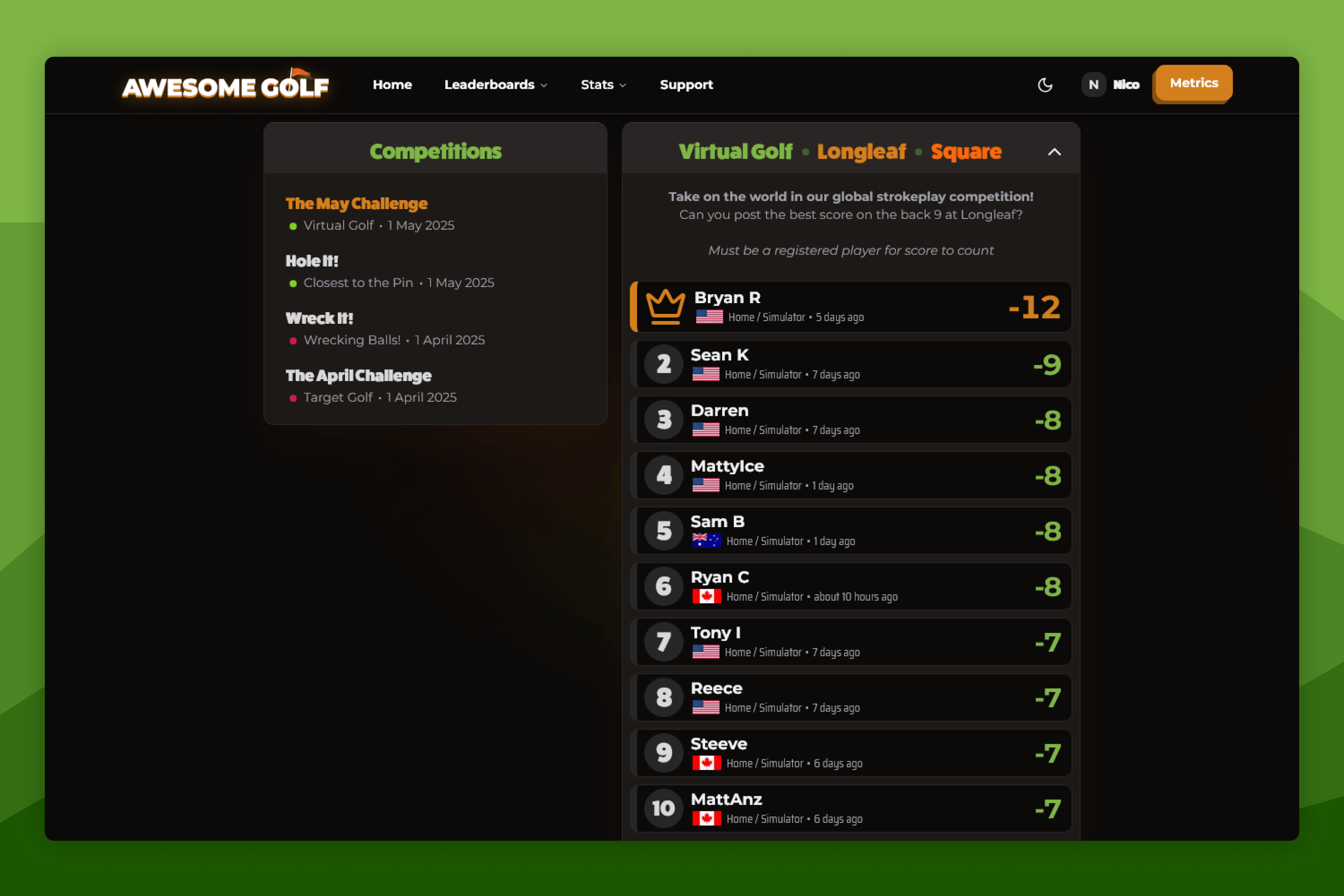 Awesome Golf Insights Competitions Screen