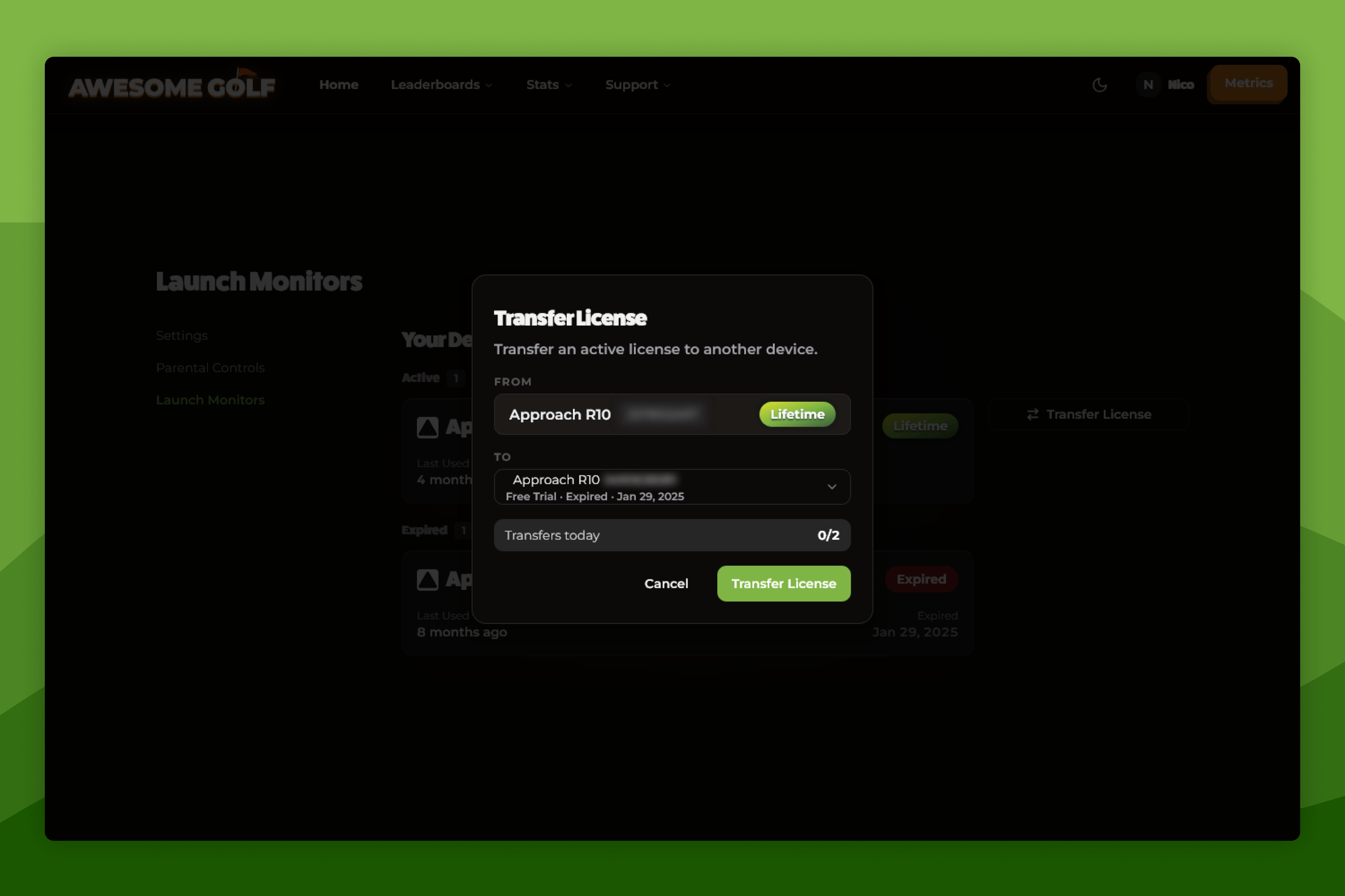 Awesome Golf Insights Launch Monitor Management Settings Page Transfer License Modal