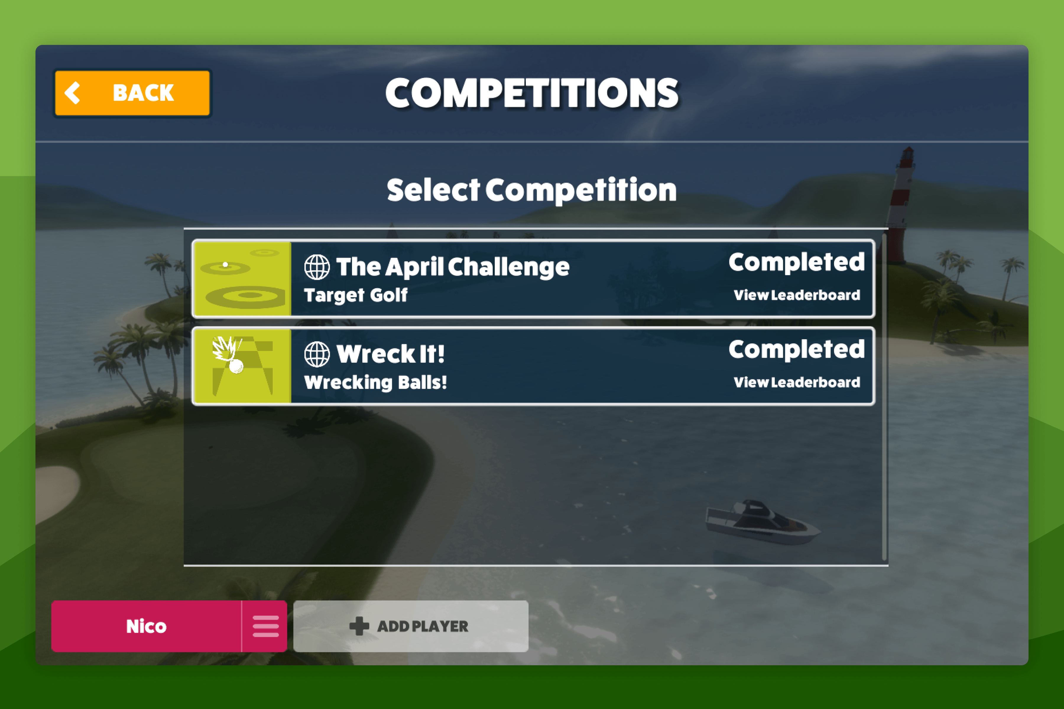 Awesome Golf Simulator Competitions List Screen