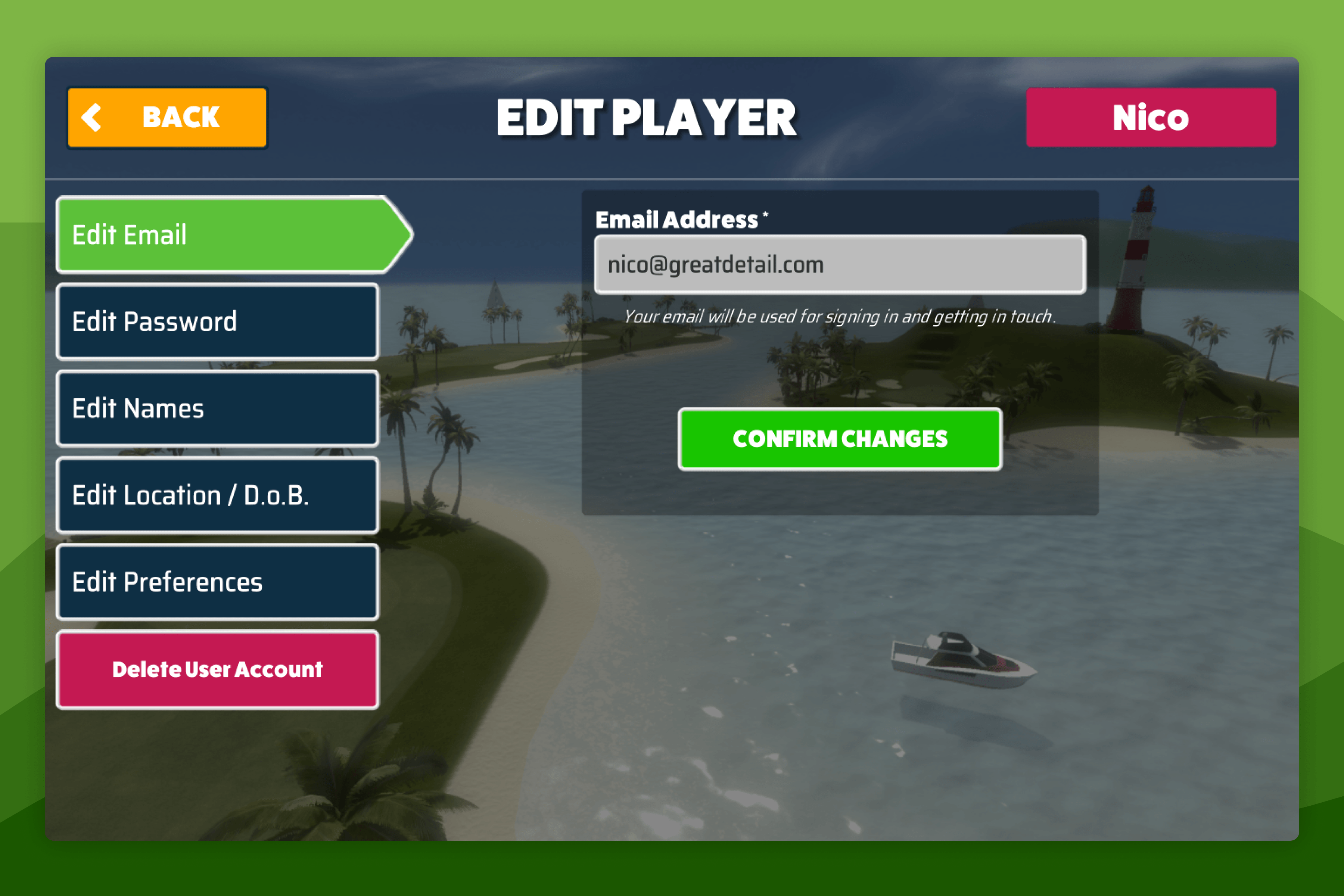 Awesome Golf Simulator Edit Email Address Screen