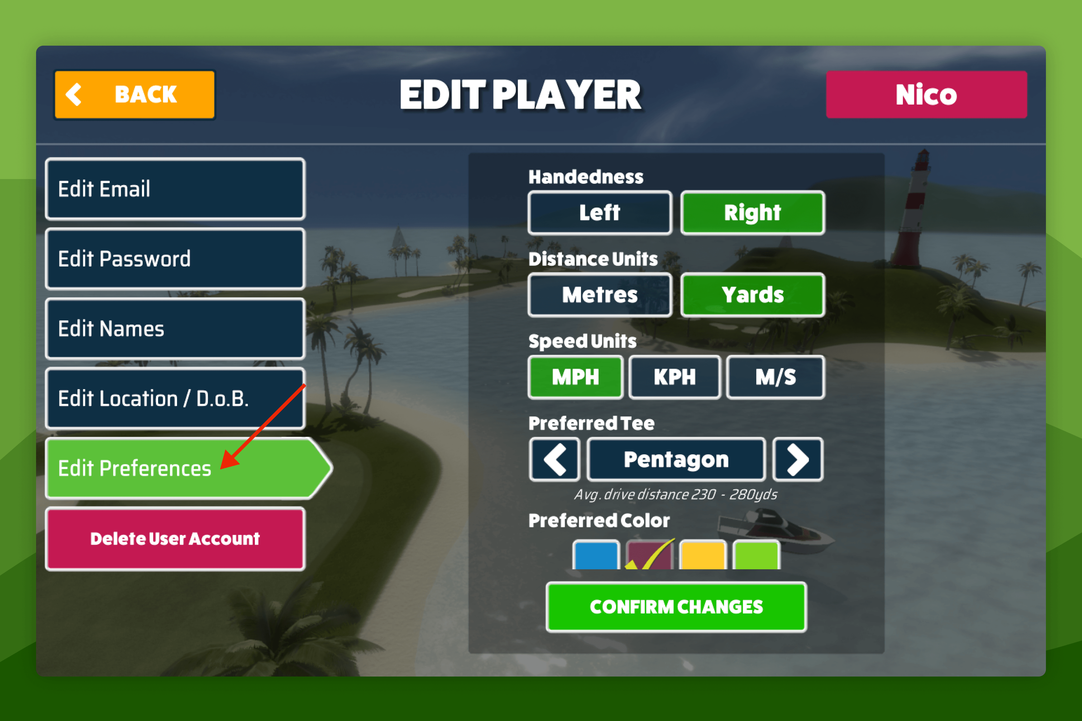 Awesome Golf Simulator Edit Preferences Screen with Edit Preferences Tab Highlighted