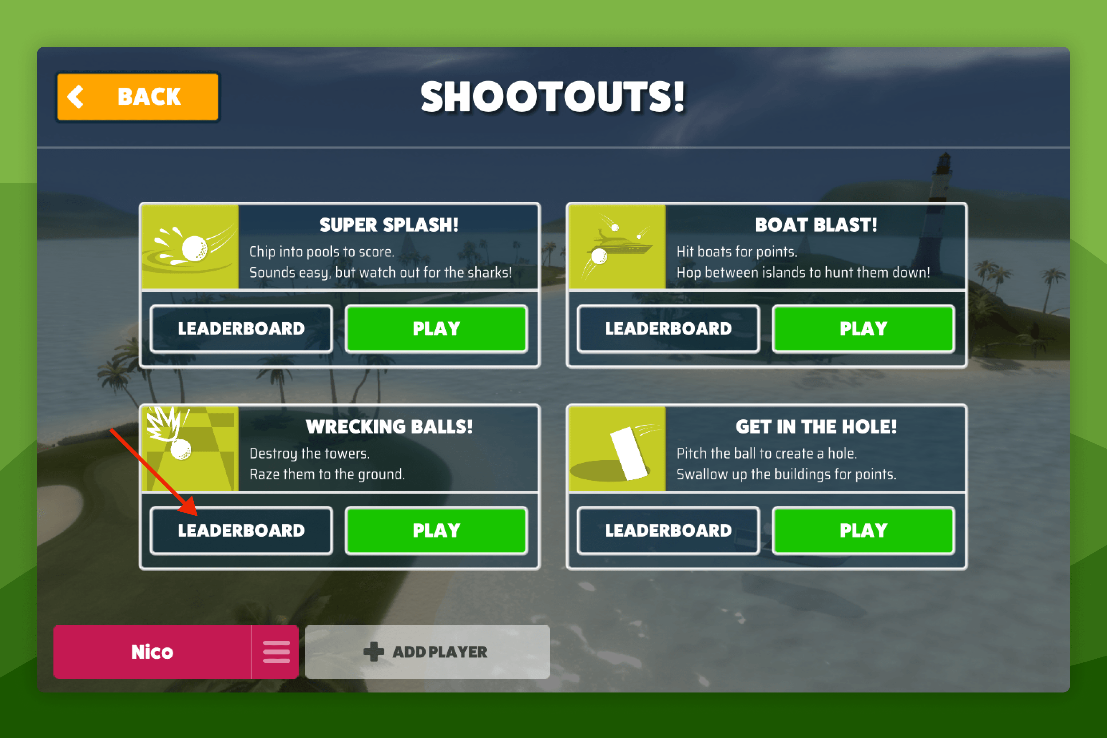 Awesome Golf Simulator Shootouts Menu with Wrecking Balls Leaderboards Highlighted