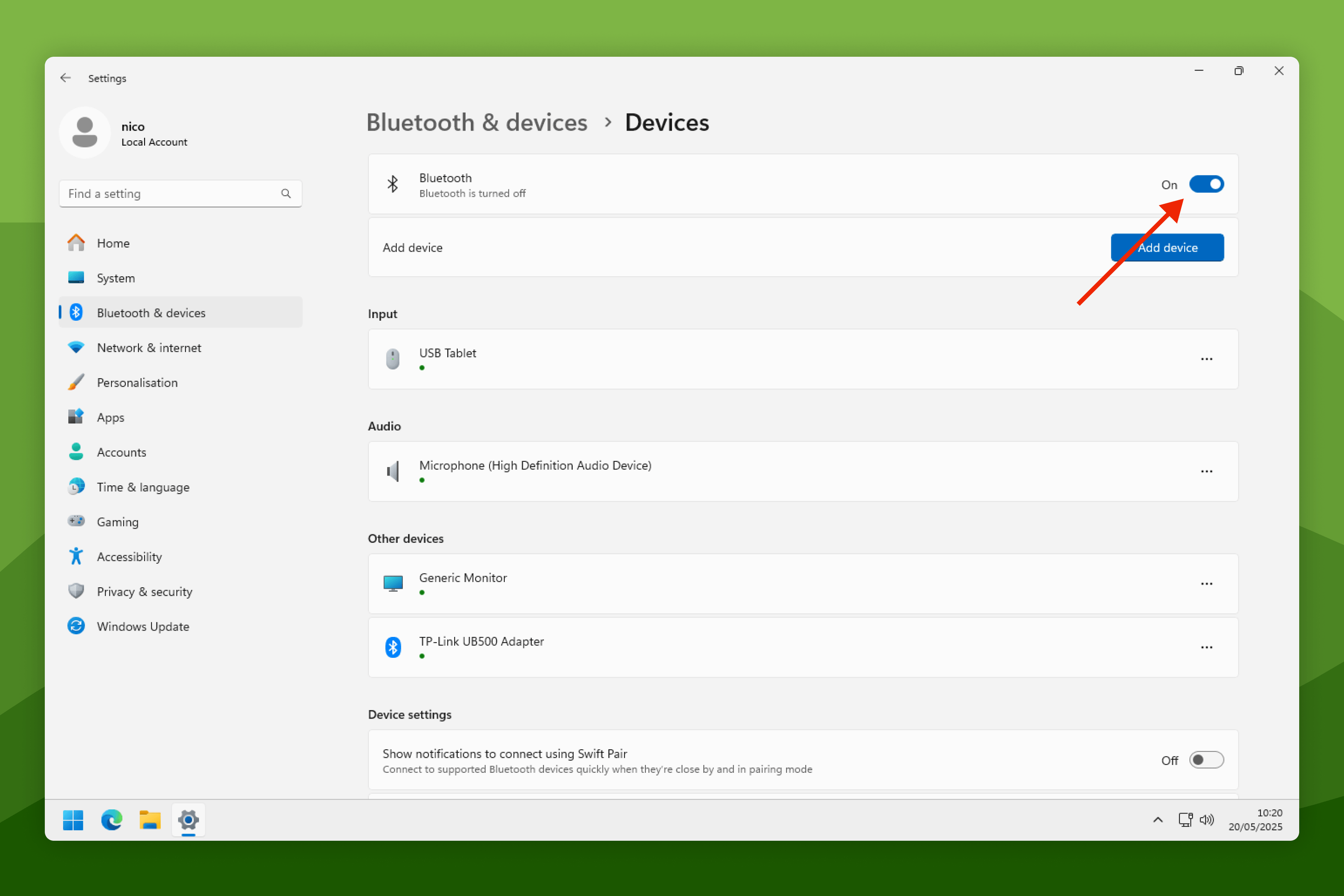 Windows 11 Bluetooth Settings with Bluetooth Discovery Toggle highlighted